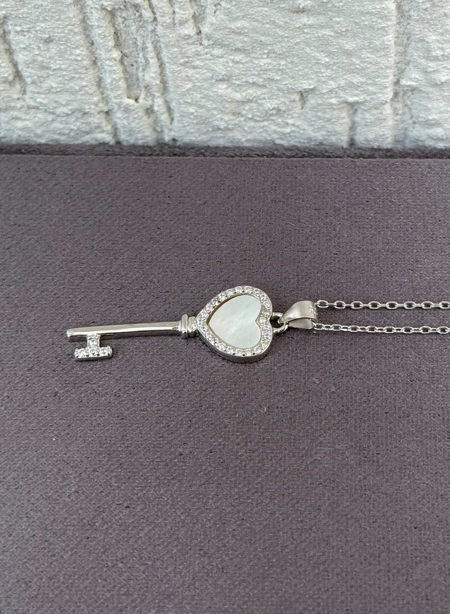 Key to Heart Pendant Necklace - Sterling Silver 925 with Zircon Stones-Plated Rhodium White Gold 18K