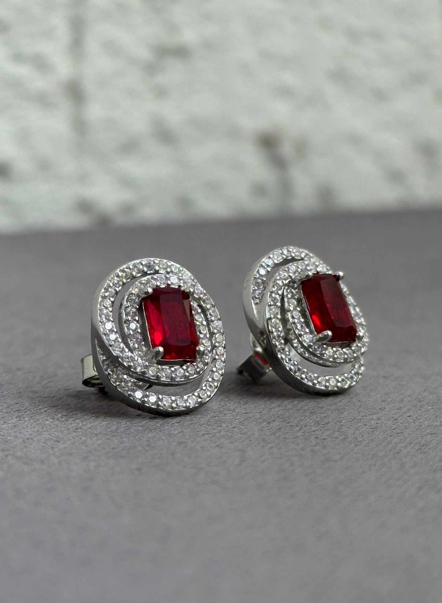 Stone Stud Earrings - Double Halo Design - Sterling Silver 925 with Zircon Stones - Plated Rhodium White Gold 18K