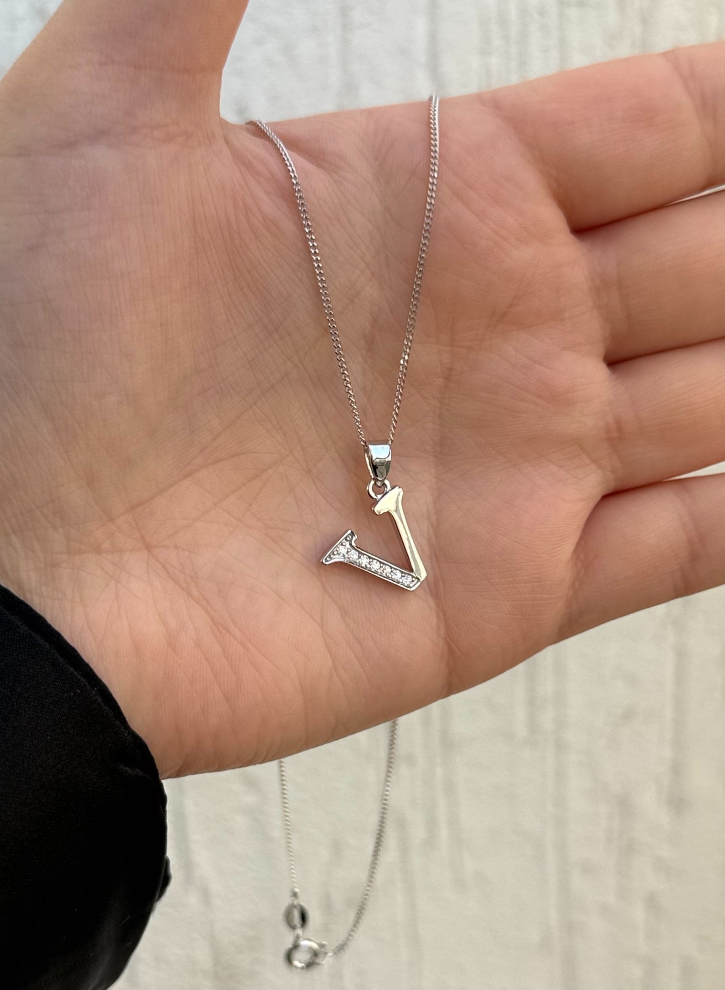 Letter Pendant Necklace - Minimalist Design - Sterling Silver 925 with Zircon Stones - Plated Rhodium White Gold 18K
