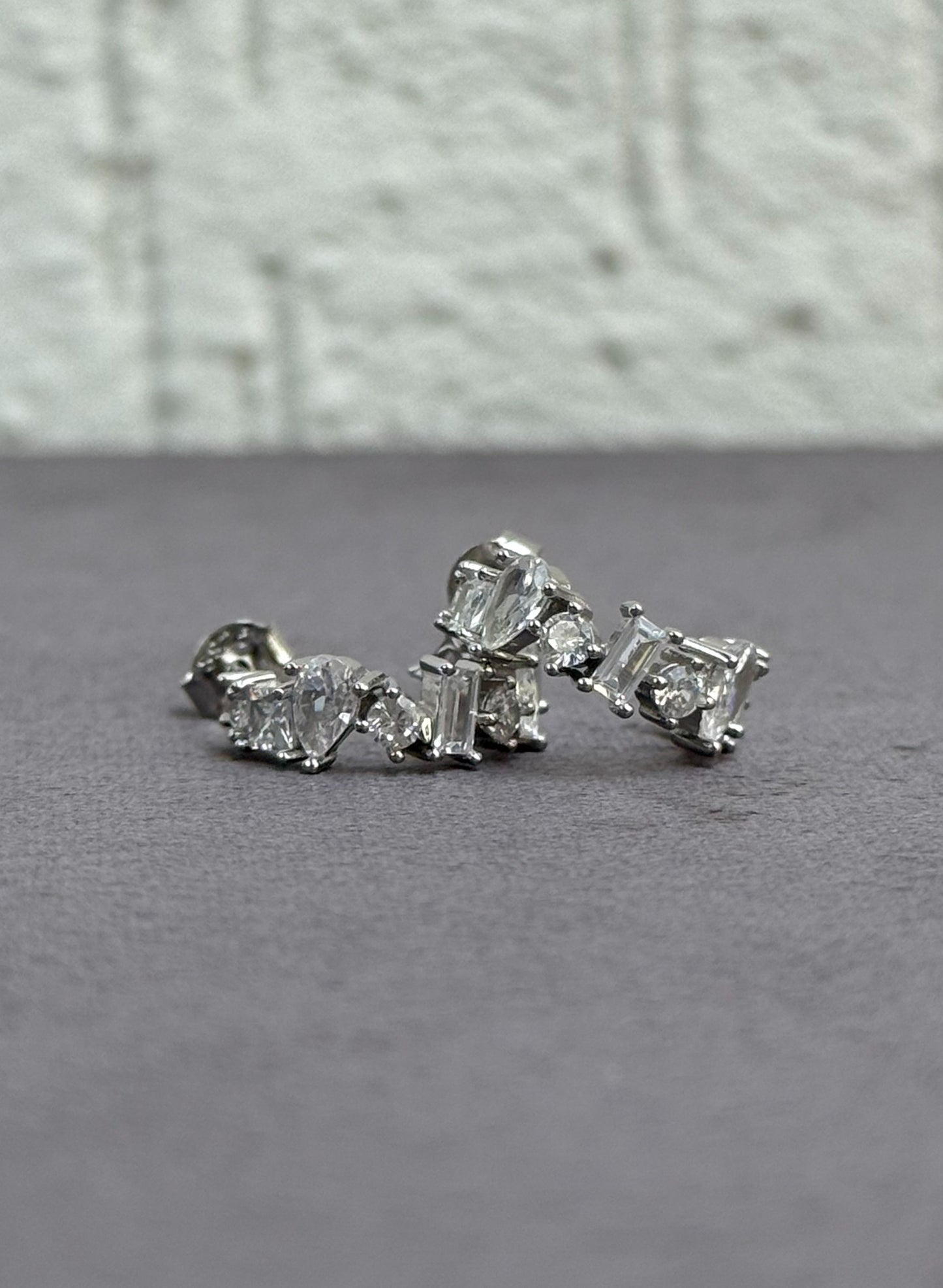 Half Hoop Earrings - Multi-Cut Design - Sterling Silver 925 with Cubic Zirconia - Plated Rhodium White Gold 18K