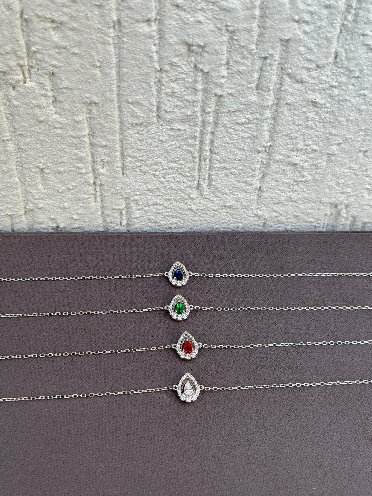Teardrop Halo Gemstone Bracelet - Sterling Silver 925 - Plated Rhodium White Gold 18K -
