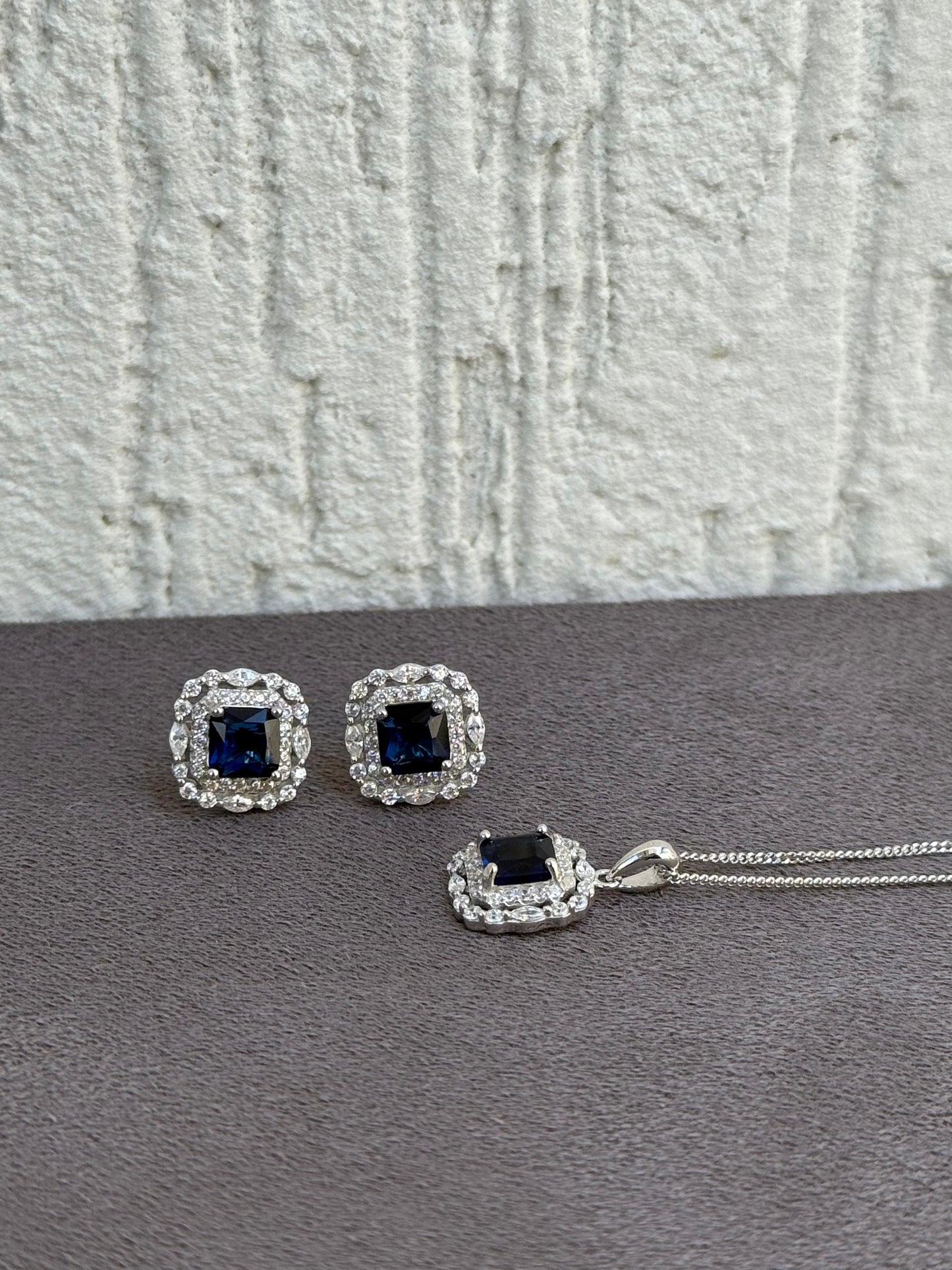 Square Sapphire Blue Necklace and Earring Set - Classic Design - Sterling Silver 925 with Sapphire and Zircon Stones Plated Rhodium White Gold 18K