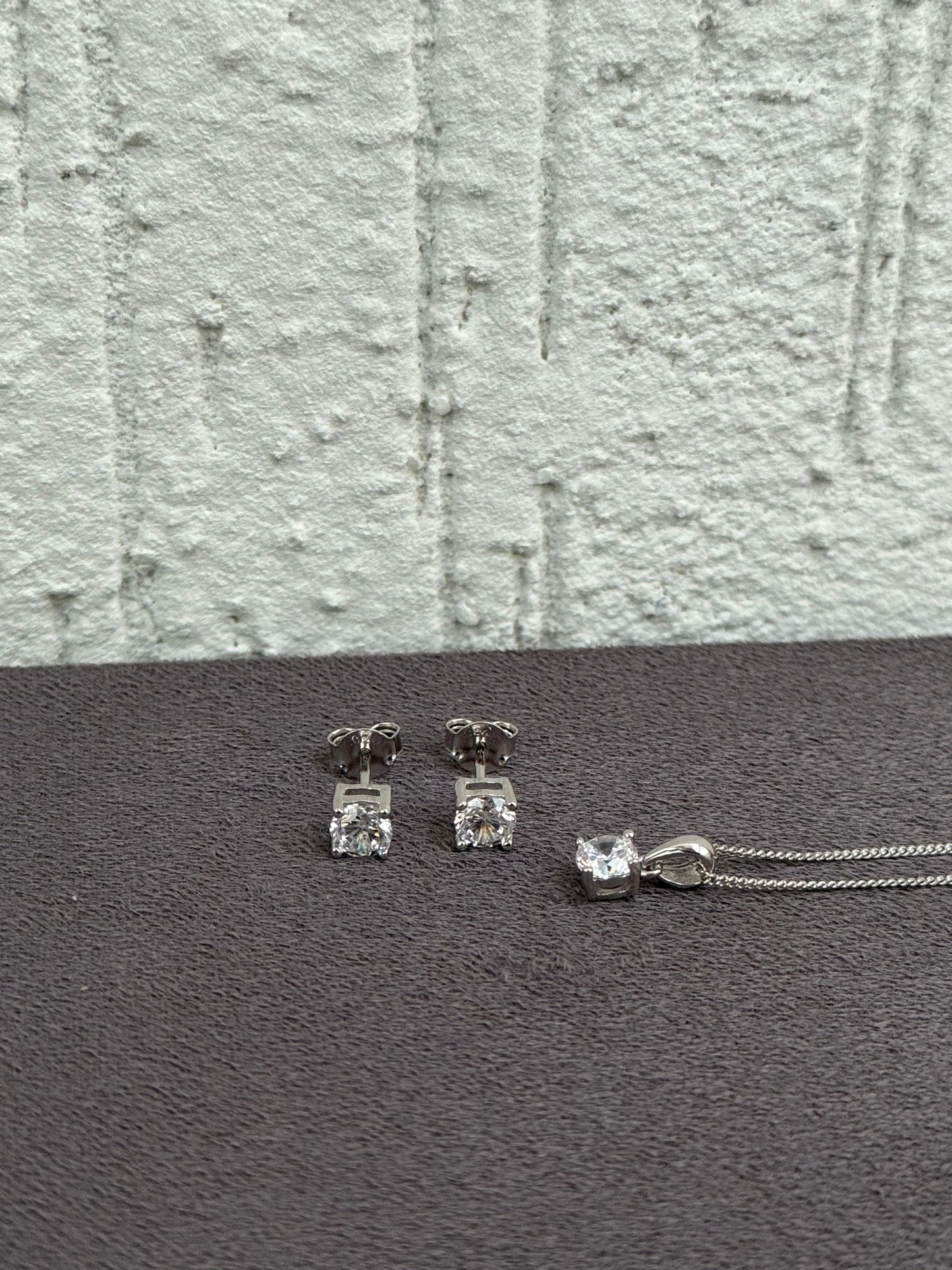 Elegant Pendant Necklace and Stud Earrings Set - Classic Style - Sterling Silver 925 with Zircon Stones Plated Rhodium White Gold 18K