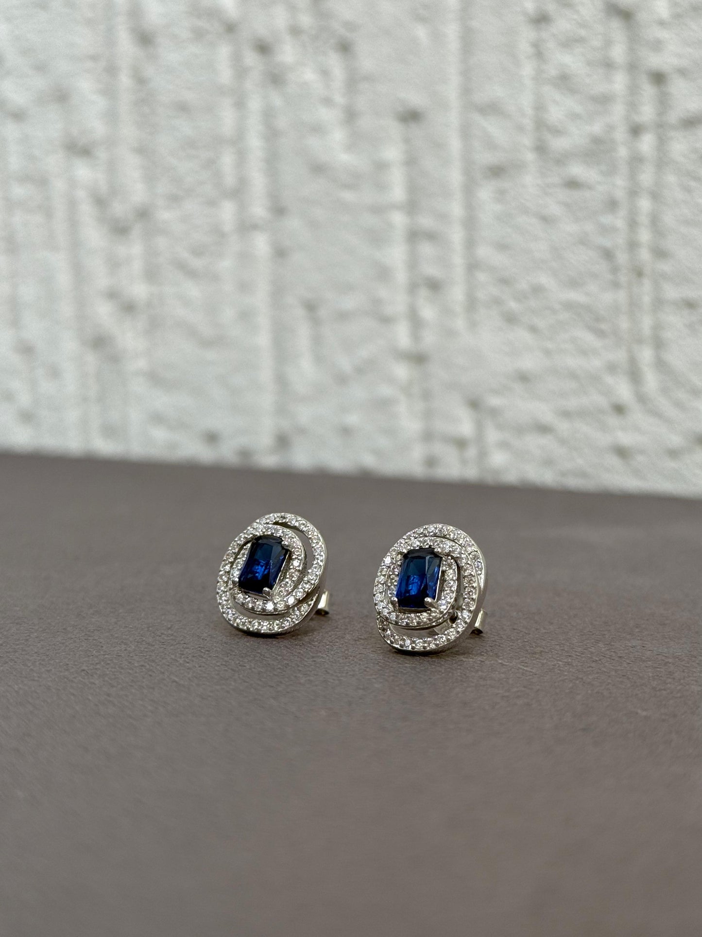 Dark Blue Stone Stud Earrings - Double Halo Design - Sterling Silver 925 with Zircon Stones - Plated Rhodium White Gold 18K