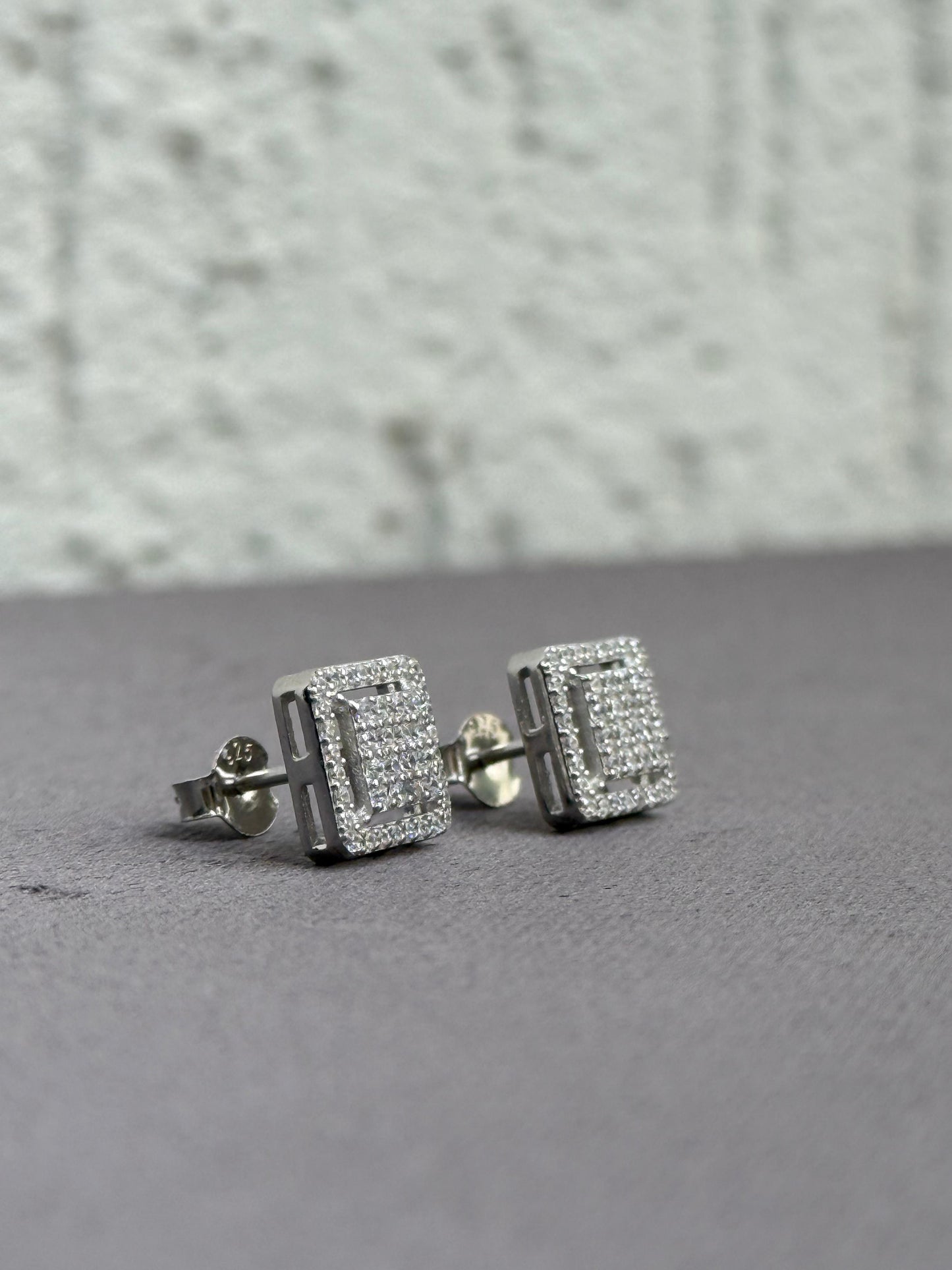 Square Stud Earrings - Pave Setting - 10mm x 10mm - Sterling Silver 925 with Cubic Zirconia - Plated Rhodium White Gold 18K