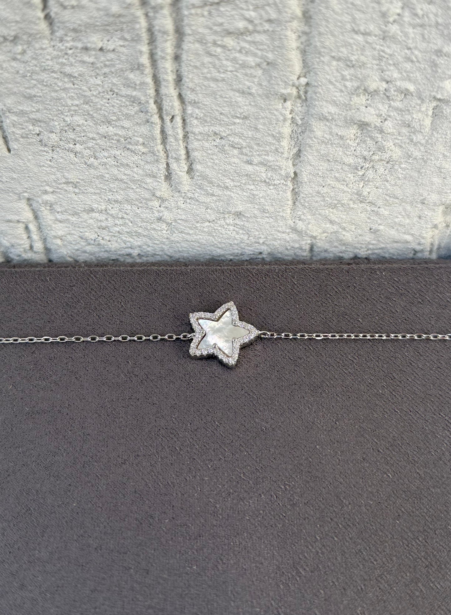 Star Charm Bracelet - Adjustable - Sterling Silver 925 with Mother of Pearl and Zircon Stones-Plated Rhodium White Gold 18K