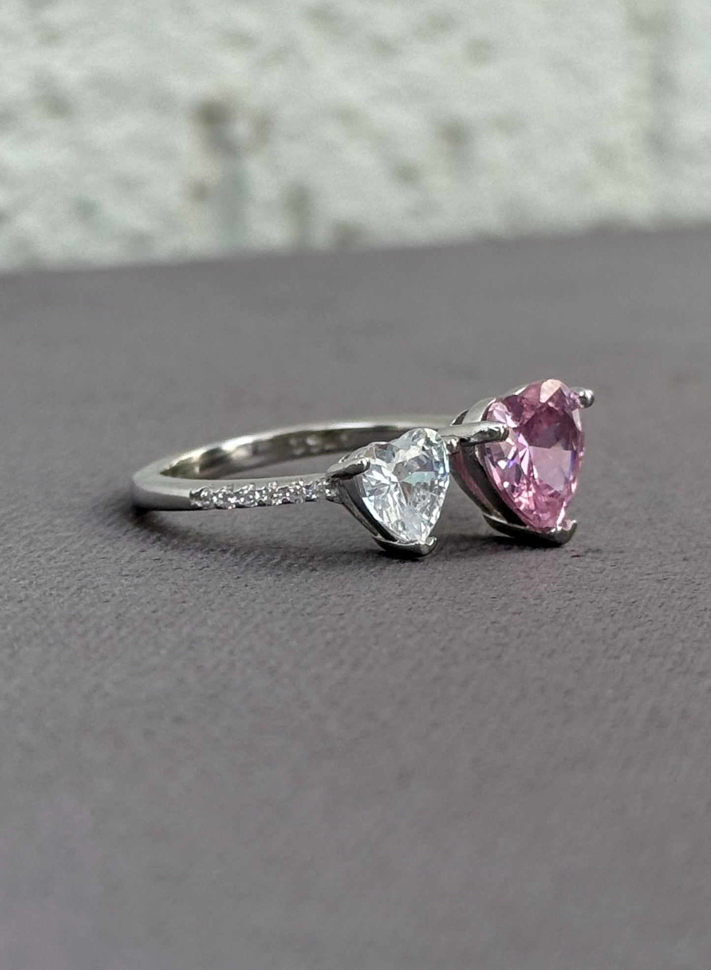 Heart Duo Ring - Adjustable Size - Sterling Silver 925 with Zircon Stones - Plated Rhodium White Gold 18K