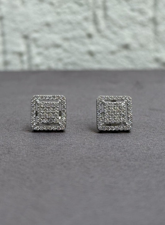 Square Stud Earrings - Pave Setting - 10mm x 10mm - Sterling Silver 925 with Cubic Zirconia - Plated Rhodium White Gold 18K