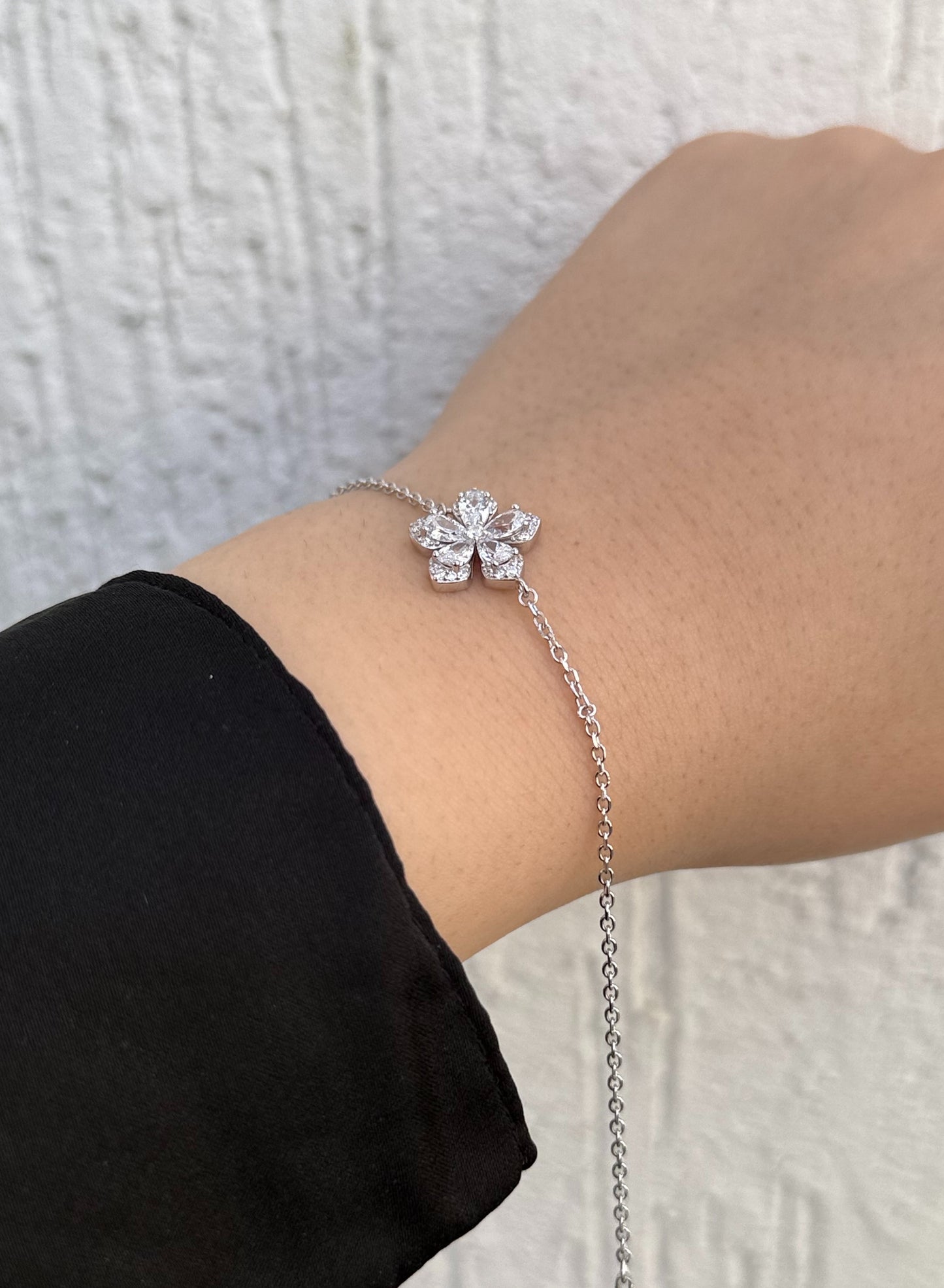 Rose Charm Bracelet - Adjustable - Sterling Silver 925 with Zircon Stones-Plated Rhodium White Gold 18K