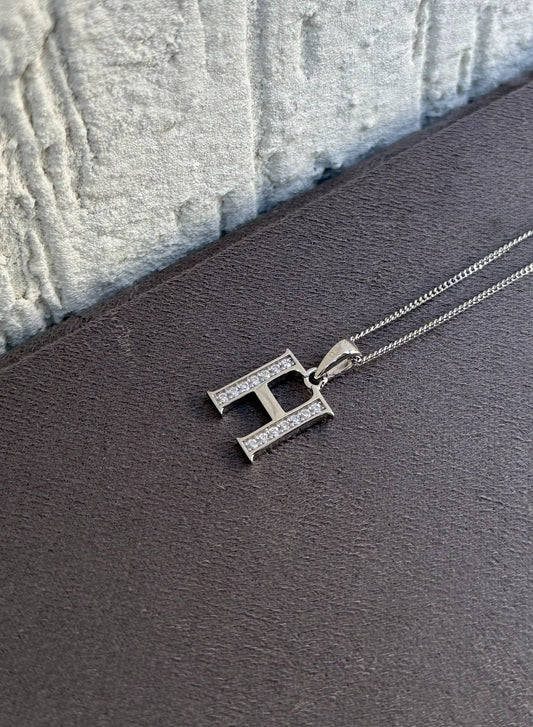 Letter Pendant Necklace - Minimalist Design - Sterling Silver 925 with Zircon Stones - Plated Rhodium White Gold 18K