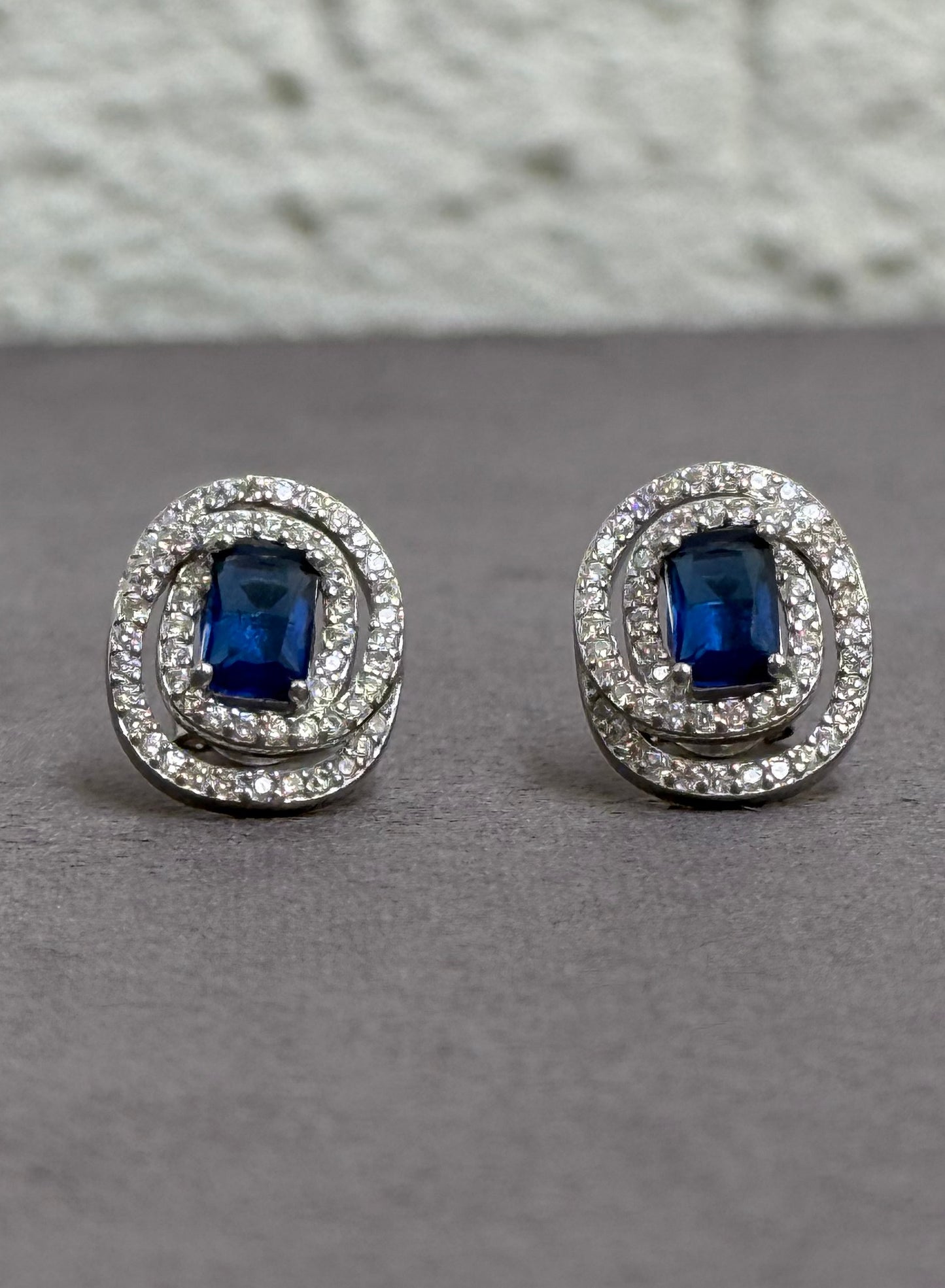 Dark Blue Stone Stud Earrings - Double Halo Design - Sterling Silver 925 with Zircon Stones - Plated Rhodium White Gold 18K