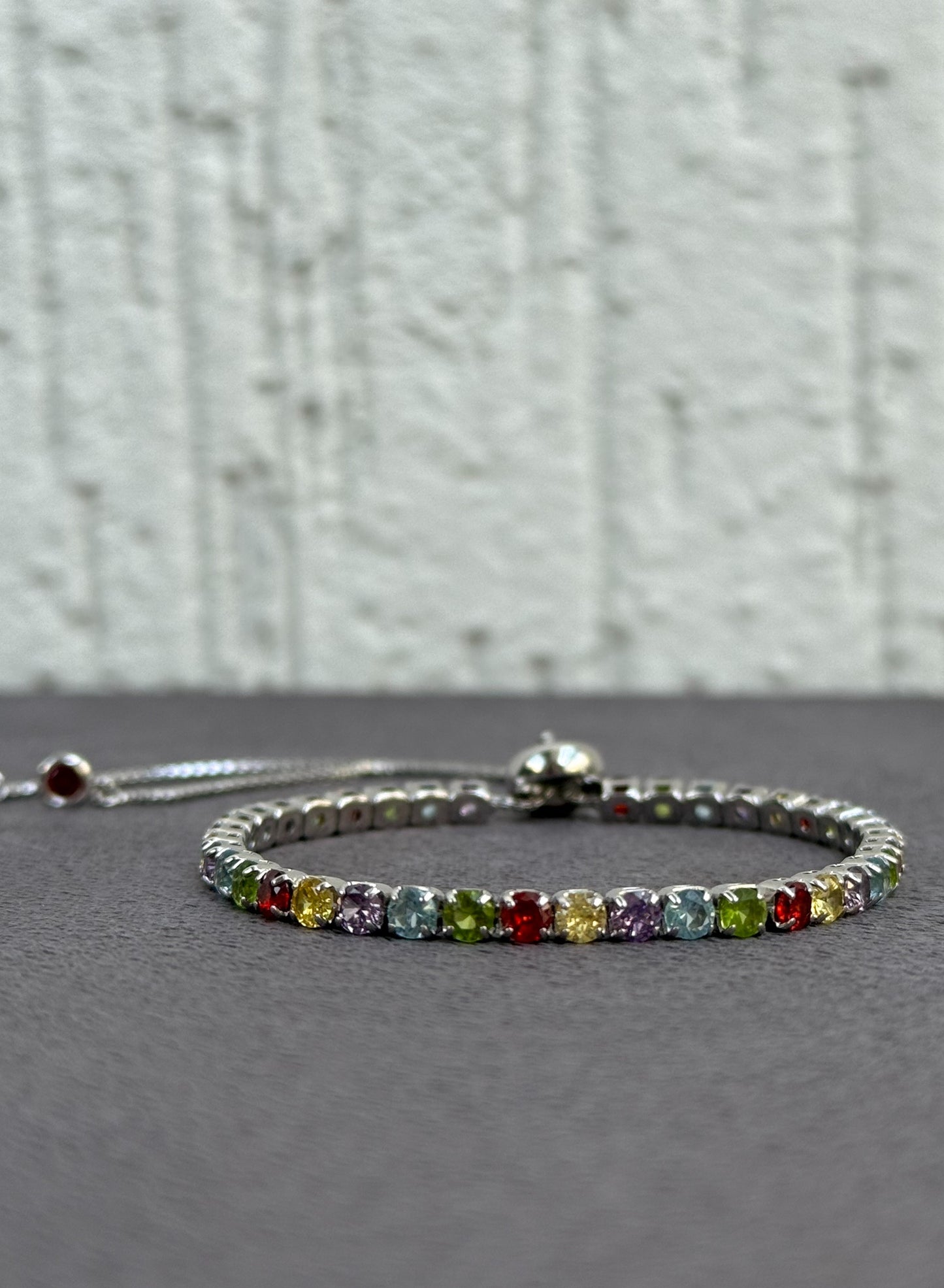 Multicolor Gemstone Tennis Bracelet - Adjustable - Sterling Silver 925 with Gemstones - Plated Rhodium White Gold 18K