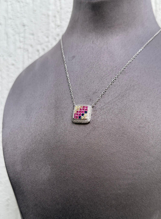 Square Silver Necklace with Colorful Zircons - Sparkling Silver Delight - Sterling Silver 925 - Plated Rhodium White Gold 18K - Elegant Design