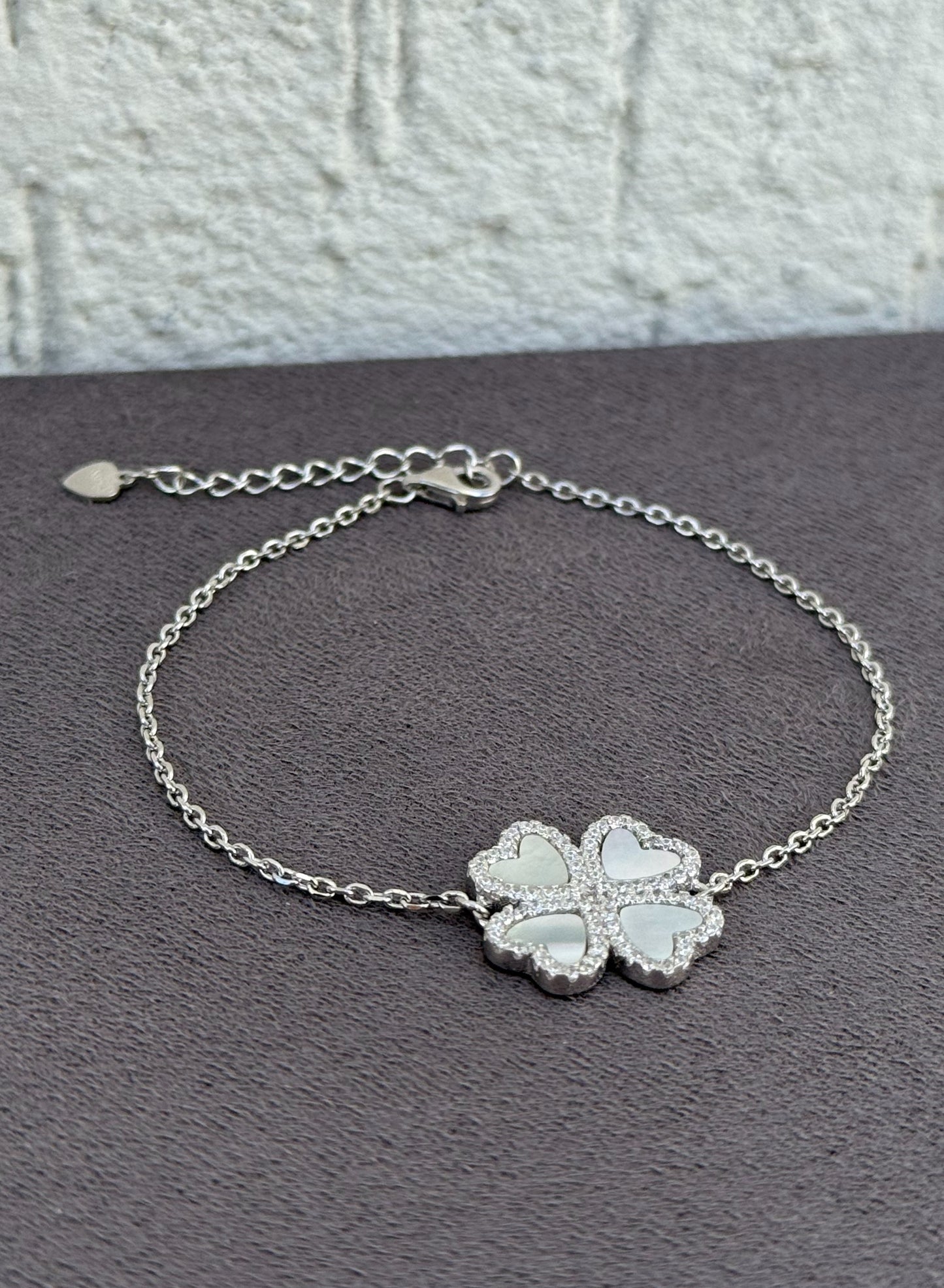 Four-Leaf Clover Bracelet - Adjustable - Sterling Silver 925 with Mother of Pearl and Zircon Stones-Plated Rhodium White Gold 18K