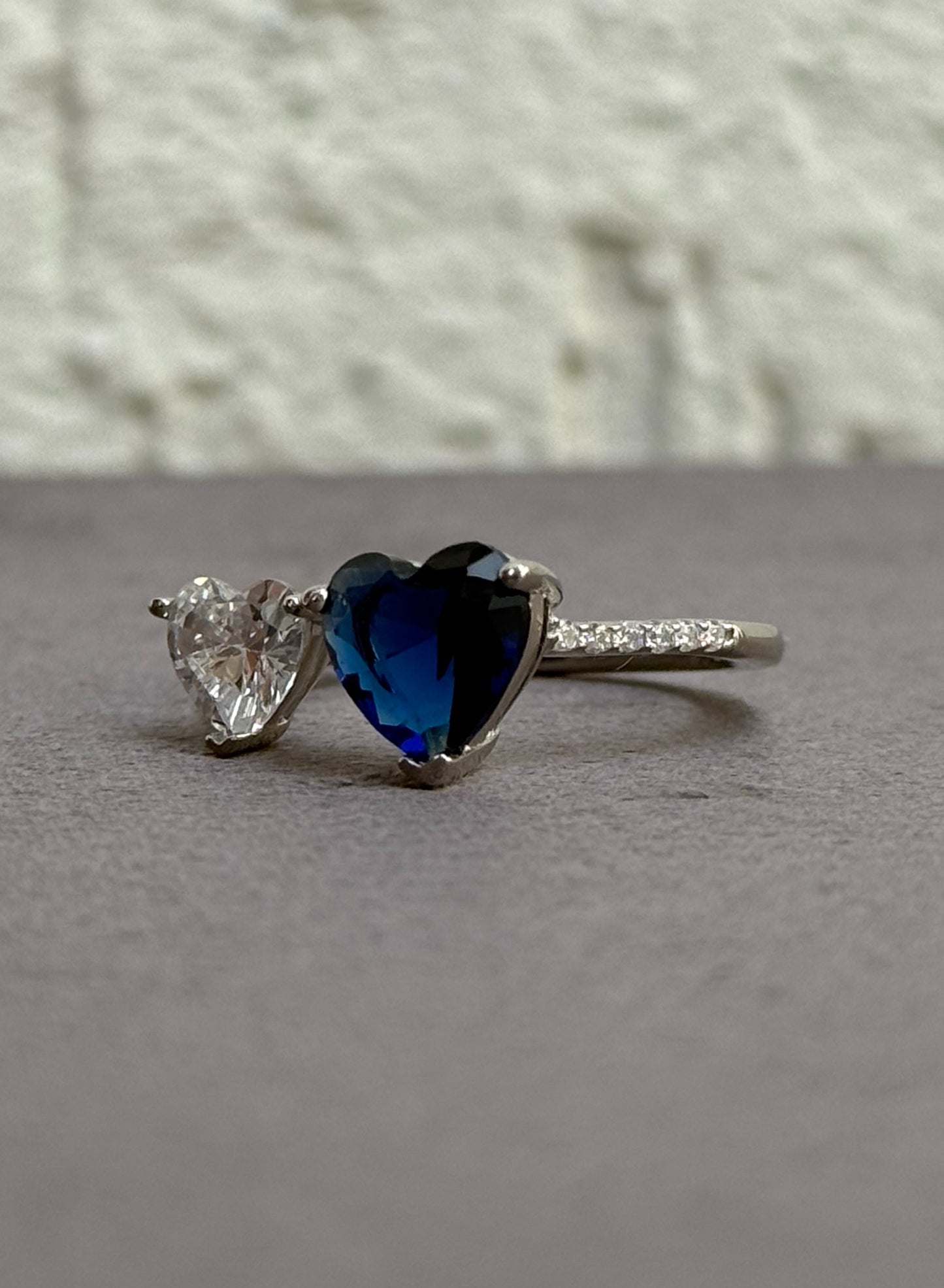 Heart Duo Ring - Adjustable Size - Sterling Silver 925 with Zircon Stones - Plated Rhodium White Gold 18K