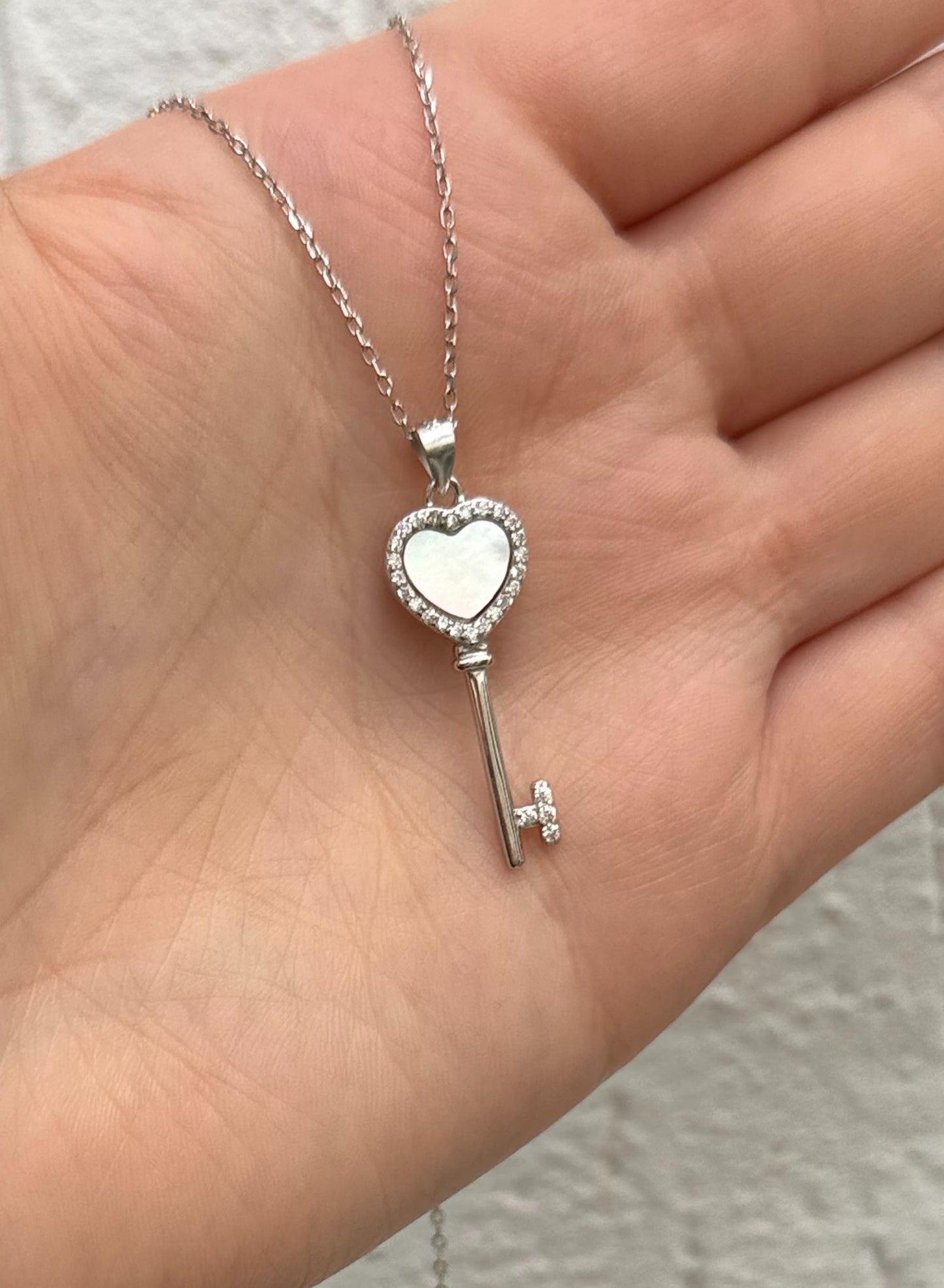 Key to Heart Pendant Necklace - Sterling Silver 925 with Zircon Stones-Plated Rhodium White Gold 18K