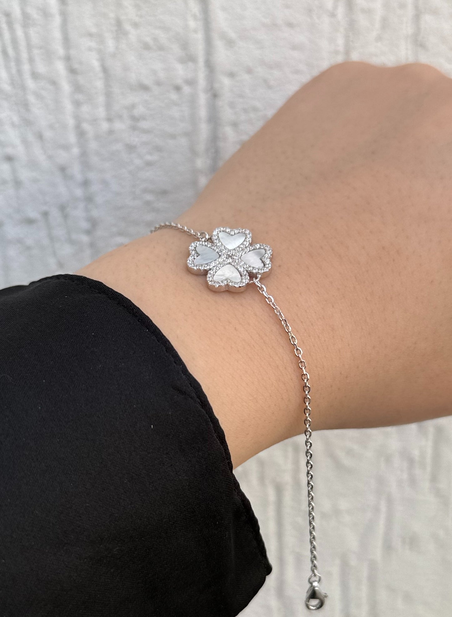 Four-Leaf Clover Bracelet - Adjustable - Sterling Silver 925 with Mother of Pearl and Zircon Stones-Plated Rhodium White Gold 18K