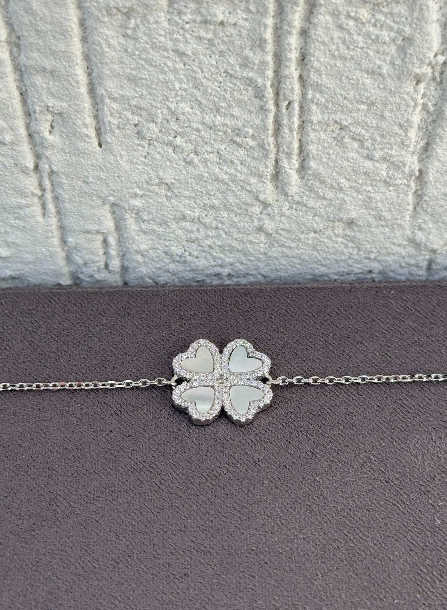 Four-Leaf Clover Bracelet - Adjustable - Sterling Silver 925 with Mother of Pearl and Zircon Stones-Plated Rhodium White Gold 18K