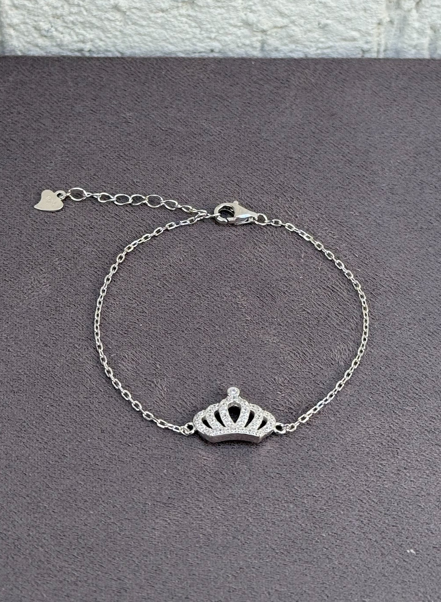 Crown Charm Bracelet - Adjustable - Sterling Silver 925 with Cubic Zirconia - Plated Rhodium White Gold 18K