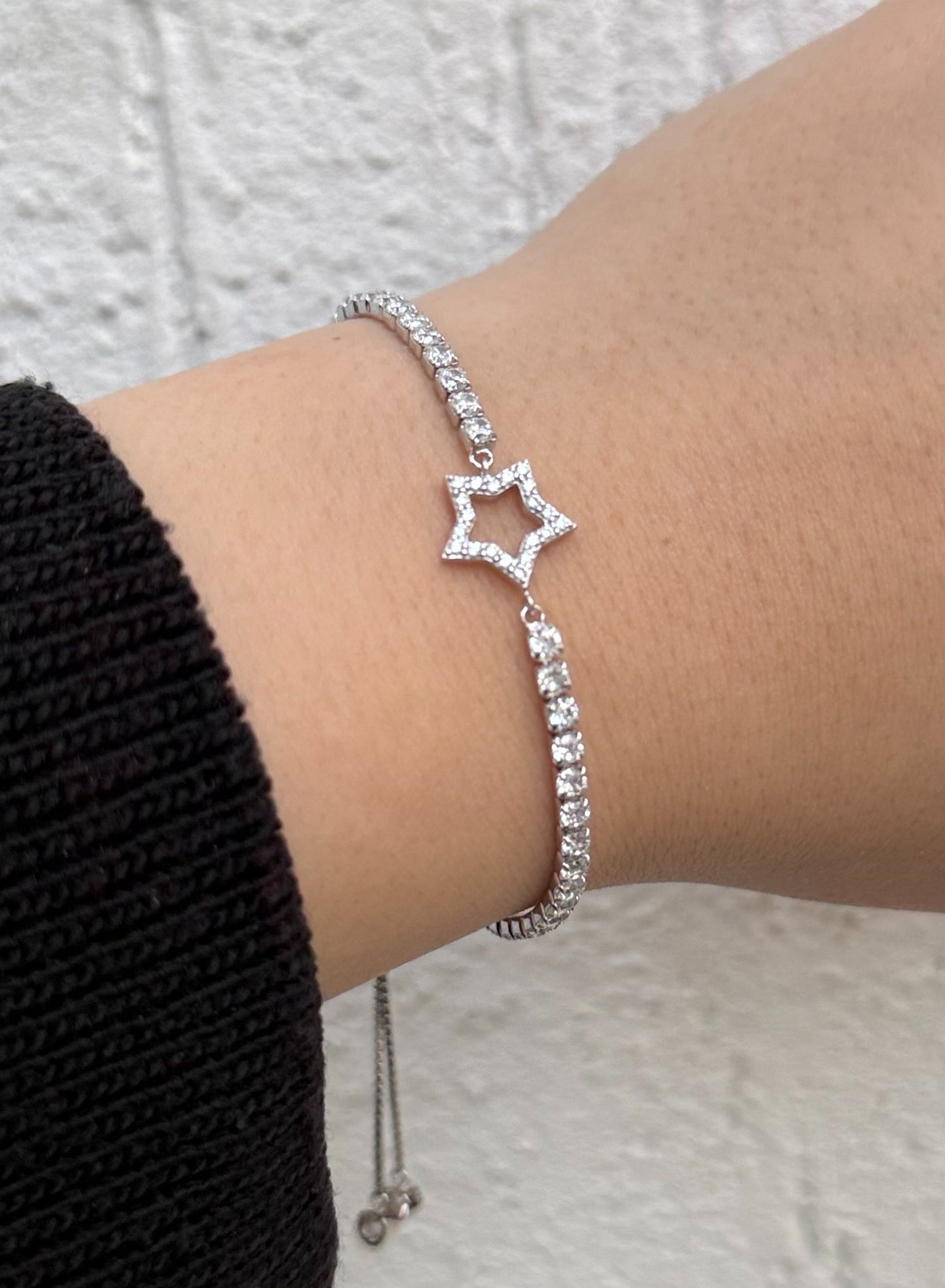 Star Charm Tennis Bracelet - Adjustable - Sterling Silver 925 with Zircon Stones - Plated Rhodium White Gold 18K