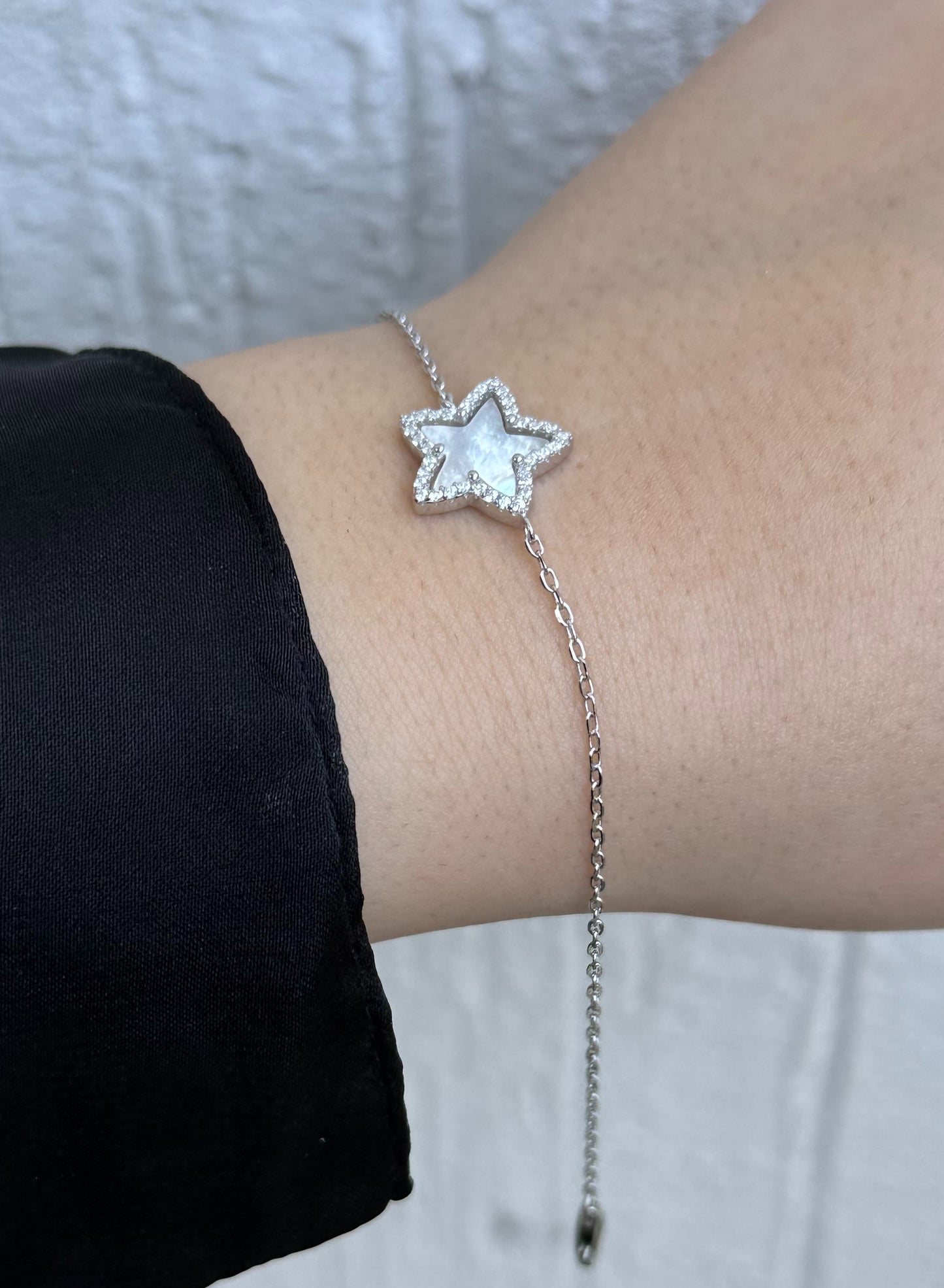 Star Charm Bracelet - Adjustable - Sterling Silver 925 with Mother of Pearl and Zircon Stones-Plated Rhodium White Gold 18K