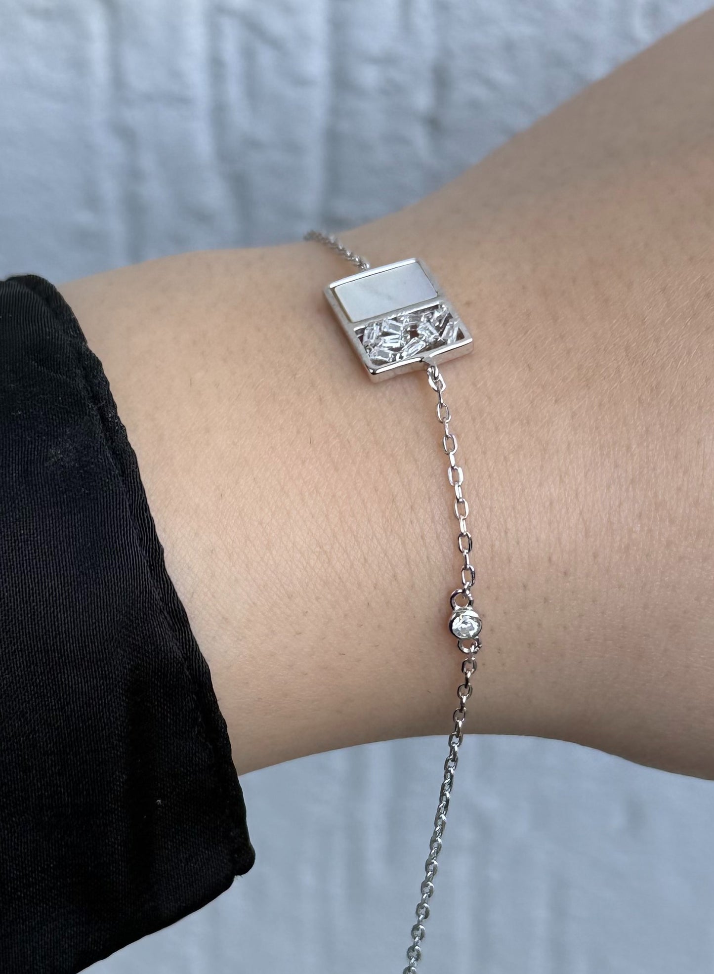 Rectangular Charm Bracelet - Adjustable - Sterling Silver 925 with Mother of Pearl - Plated Rhodium White Gold 18K