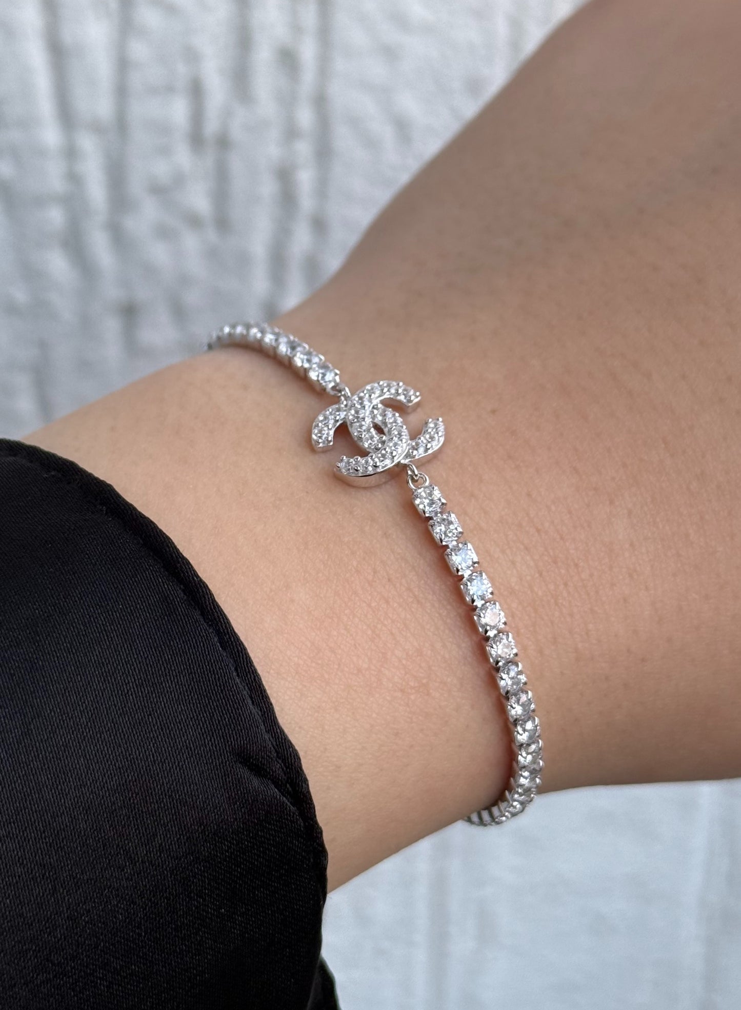 Chanel Charm Tennis Bracelet - Adjustable - Sterling Silver 925 with Zircon Stones - Plated Rhodium White Gold 18K