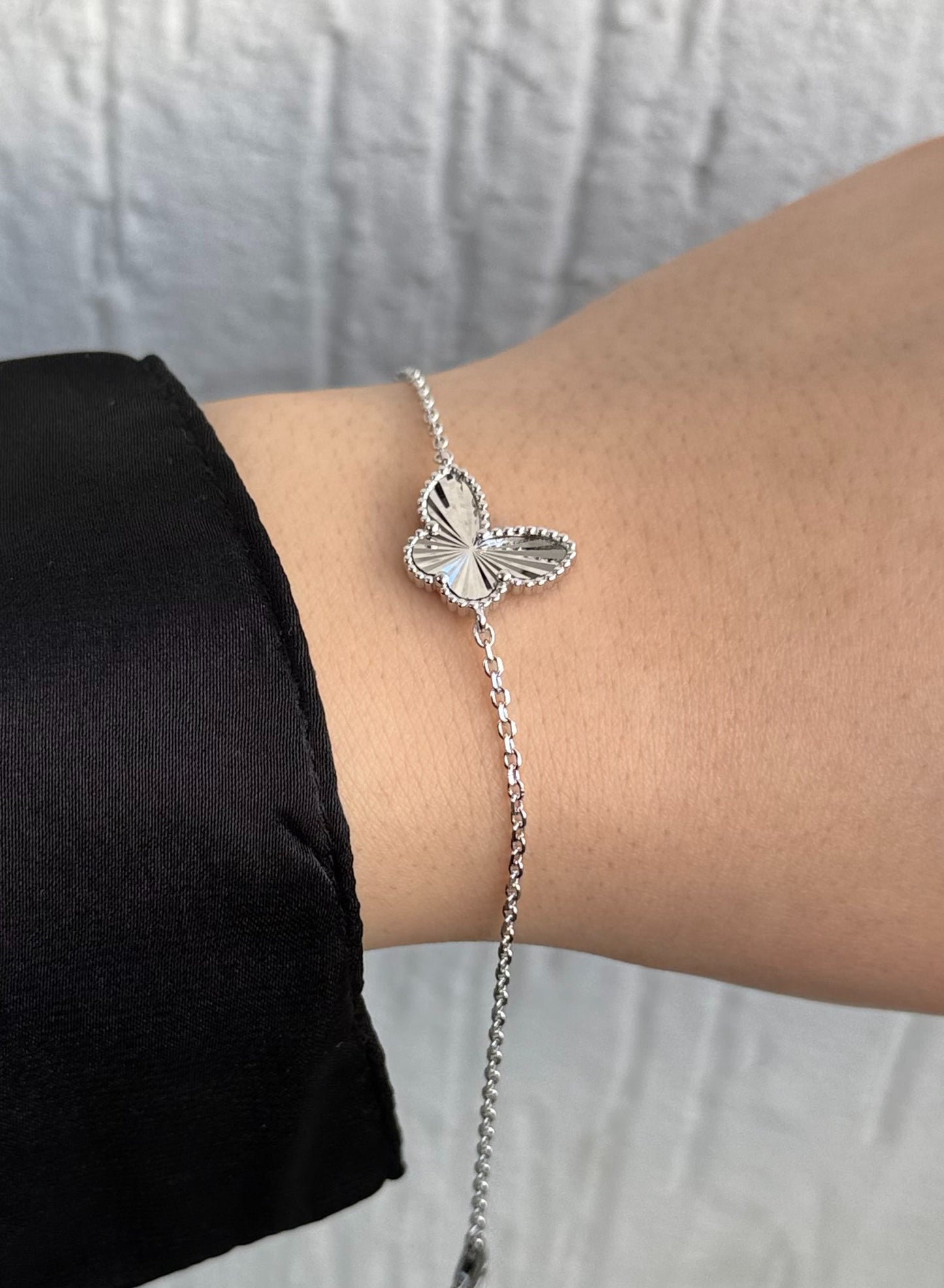 Vancleef Butterfly Charm Bracelet - Adjustable - Sterling Silver 925-Plated Rhodium White Gold 18K