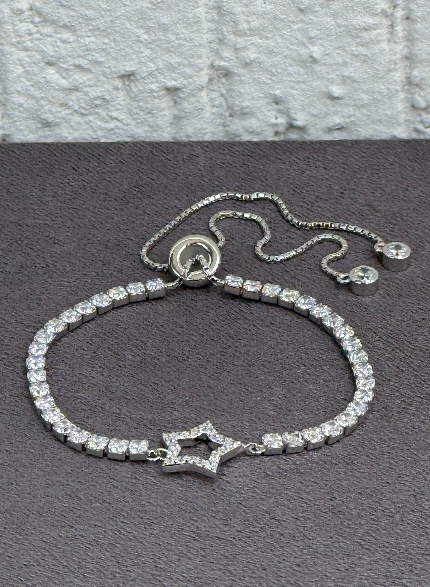 Star Charm Tennis Bracelet - Adjustable - Sterling Silver 925 with Zircon Stones - Plated Rhodium White Gold 18K