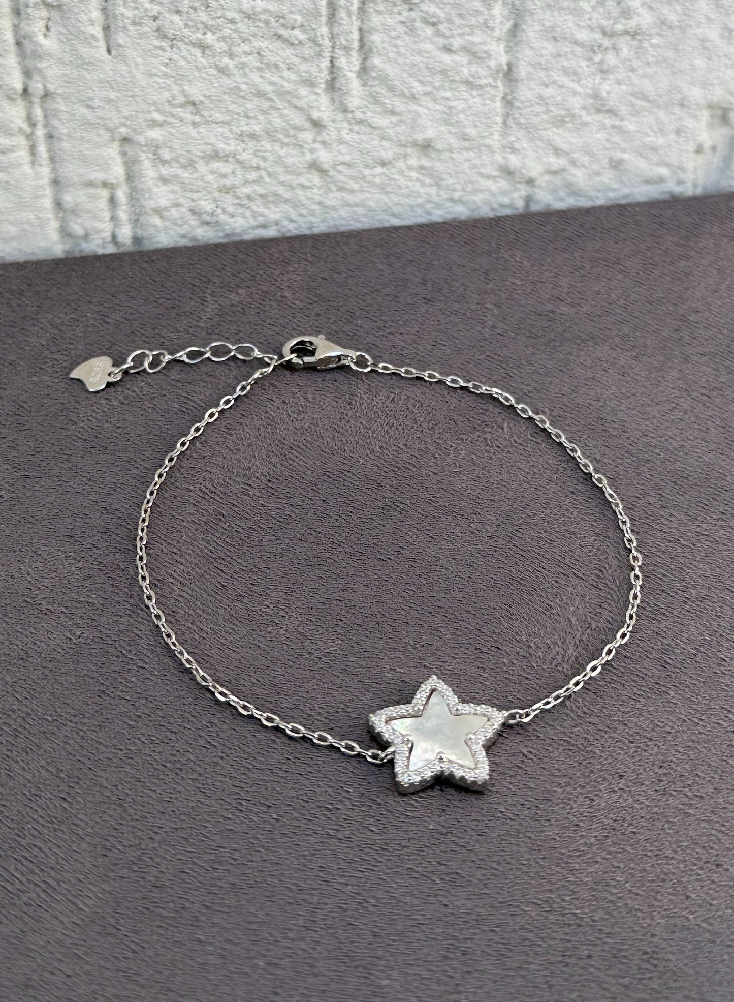 Star Charm Bracelet - Adjustable - Sterling Silver 925 with Mother of Pearl and Zircon Stones-Plated Rhodium White Gold 18K