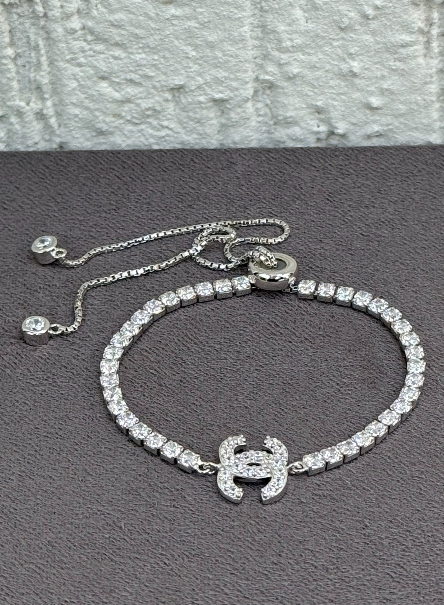 Chanel Charm Tennis Bracelet - Adjustable - Sterling Silver 925 with Zircon Stones - Plated Rhodium White Gold 18K