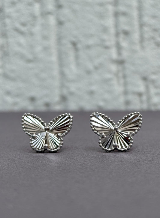 Striped Butterfly Stud Earrings with frame - Elegant Design - Sterling Silver 925 - Plated Rhodium White Gold 18K