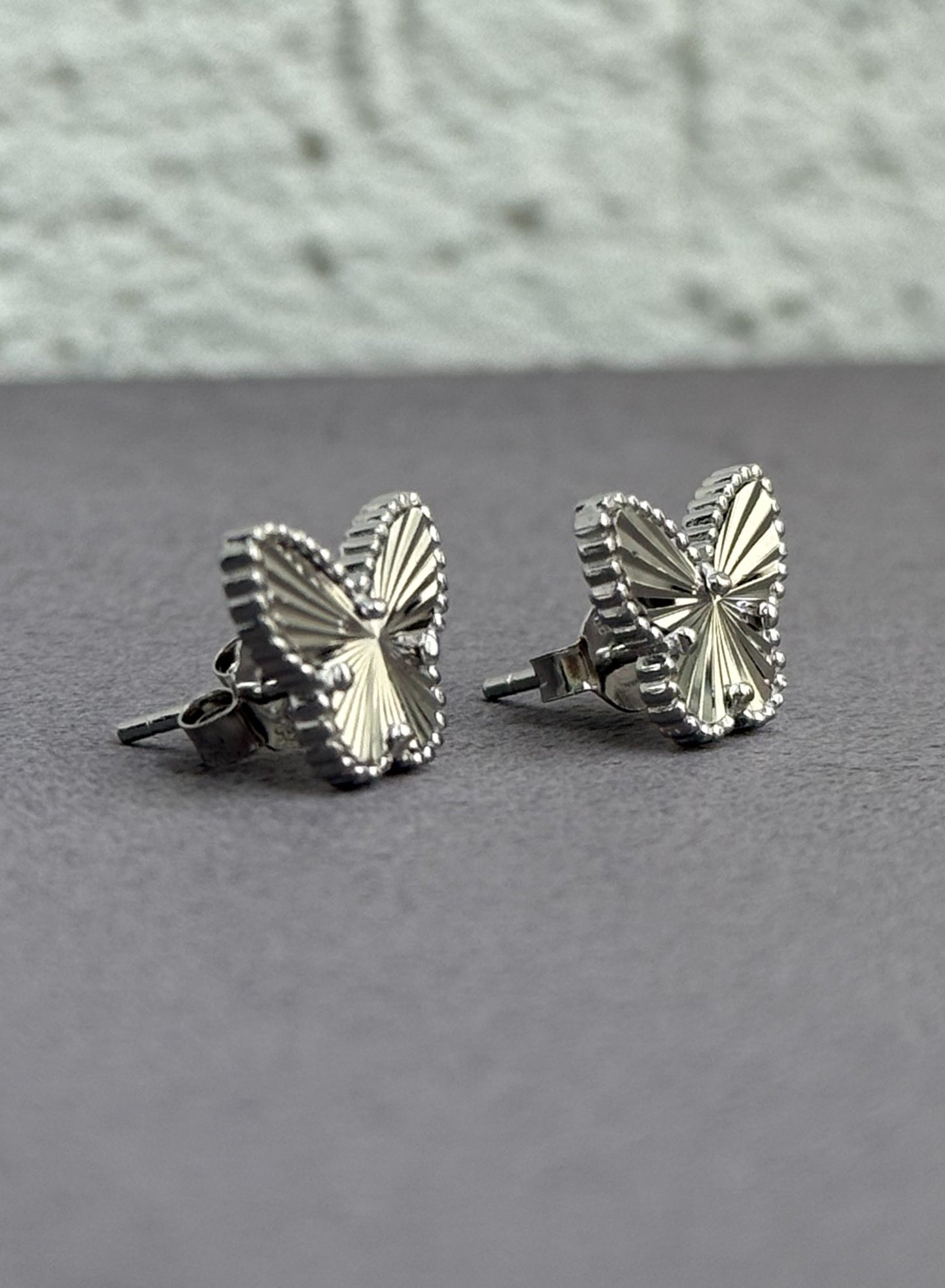 Striped Butterfly Stud Earrings with frame - Elegant Design - Sterling Silver 925 - Plated Rhodium White Gold 18K