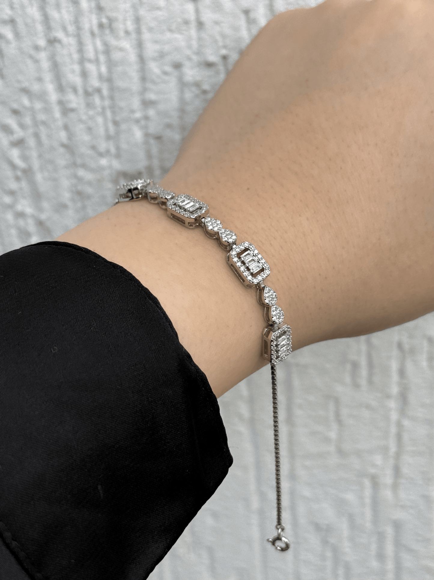 Regal Cascade Bracelet - Adjustable Sterling Silver 925 with Zircon and Baguette Stones