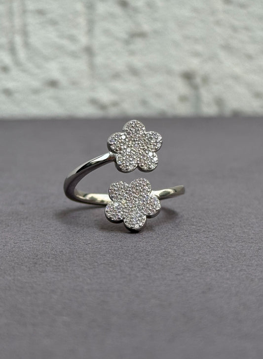 Double Flower Ring - Adjustable - Sterling Silver 925 with Zircon Stones - Plated Rhodium White Gold 18K