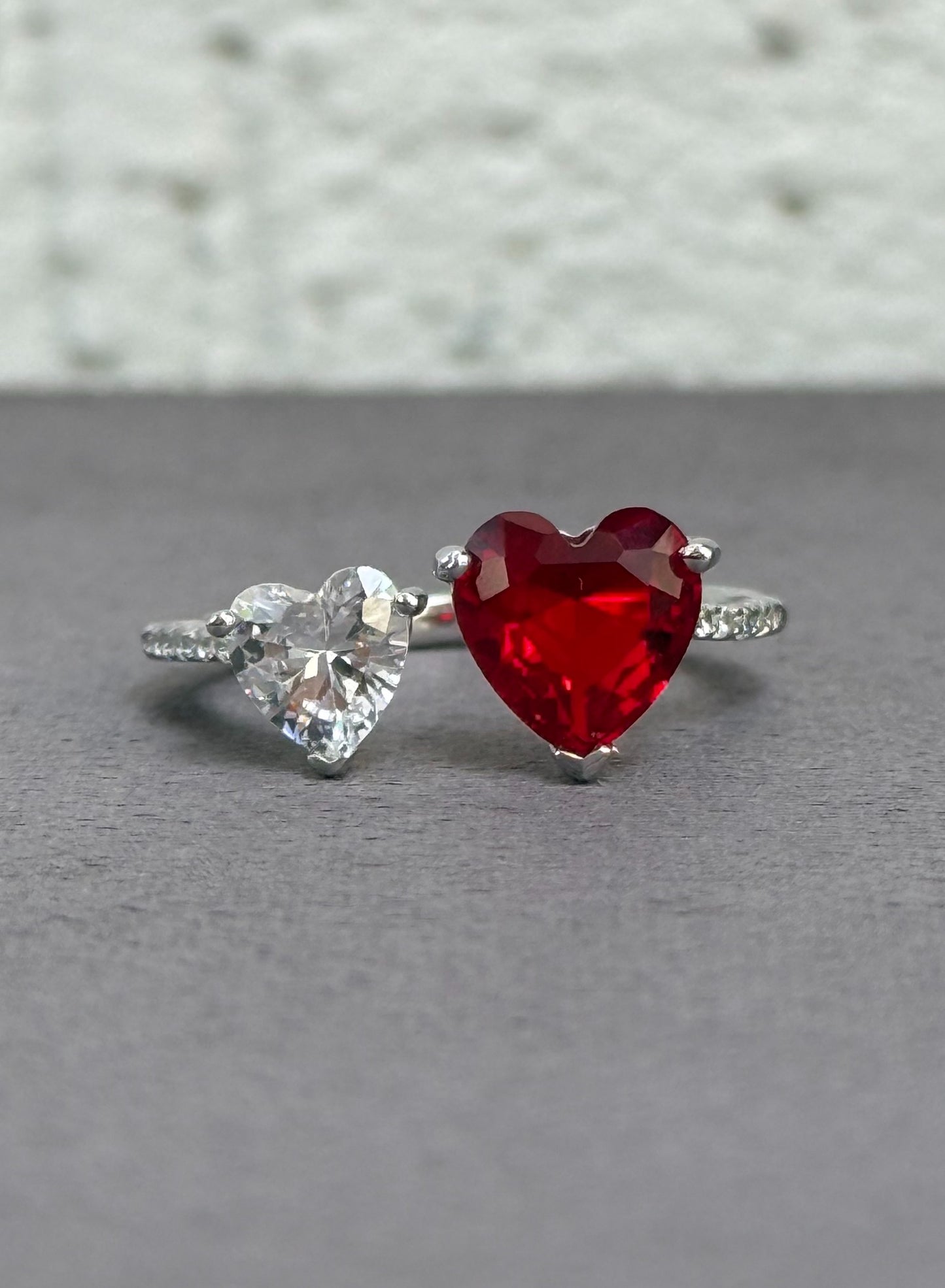 Heart Duo Ring - Adjustable Size - Sterling Silver 925 with Zircon Stones - Plated Rhodium White Gold 18K