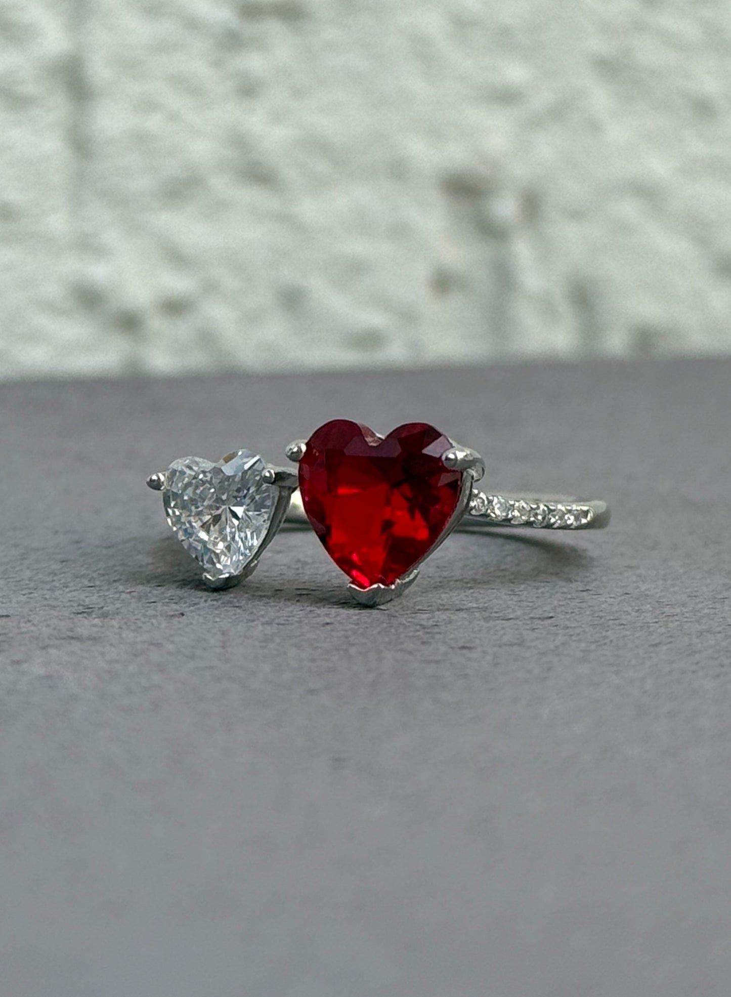 Heart Duo Ring - Adjustable Size - Sterling Silver 925 with Zircon Stones - Plated Rhodium White Gold 18K