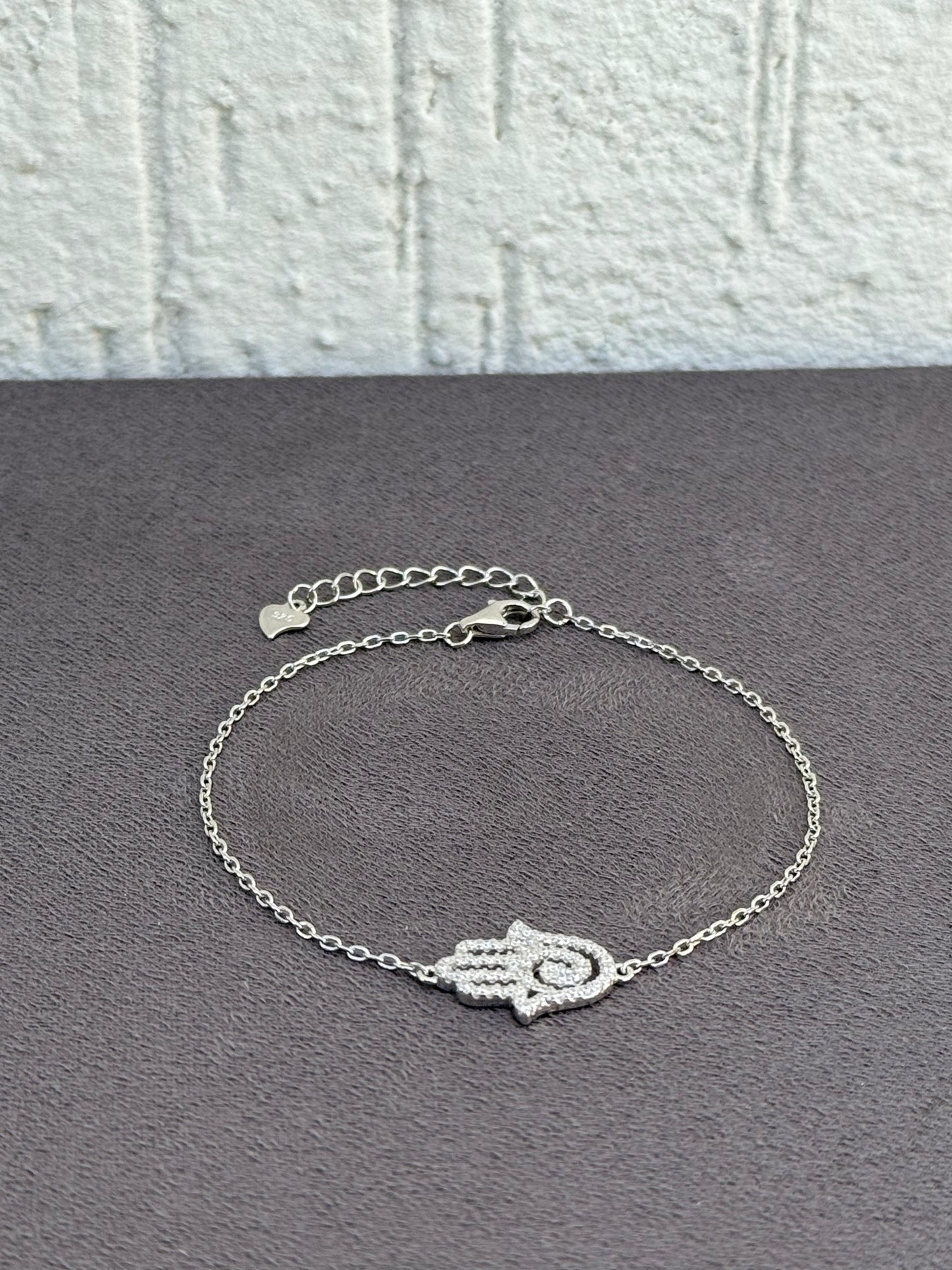 Hamsa Hand Bracelet - Sterling Silver 925 - Plated Rhodium White Gold 18K - Adjustable Size