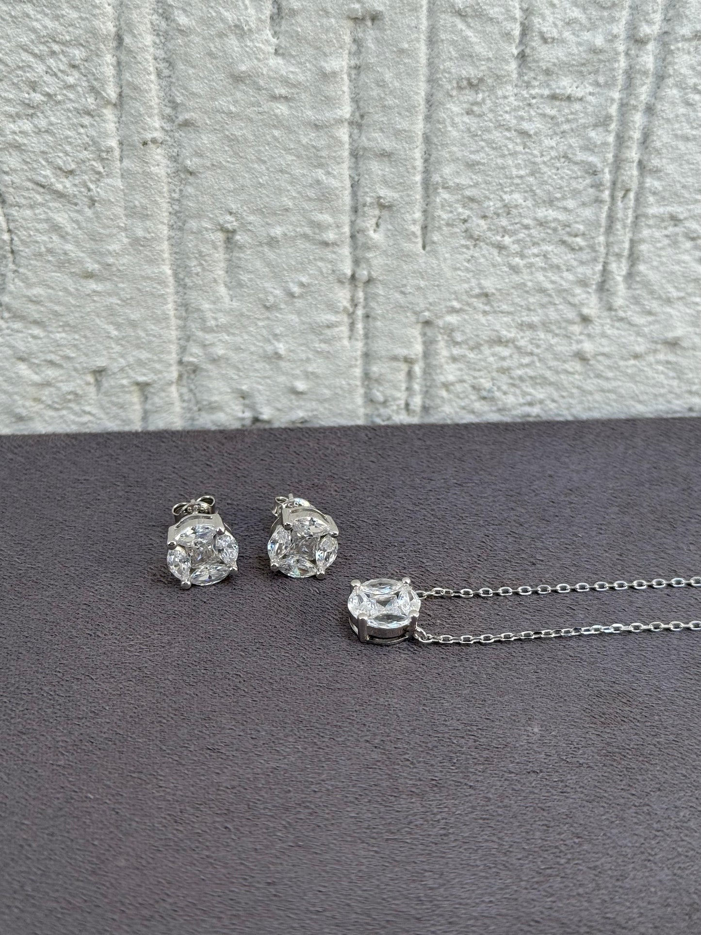 Classic Solitaire Jewelry Set - Necklace and Earrings - Sterling Silver 925 with Zircon Stones  Plated Rhodium White Gold 18K