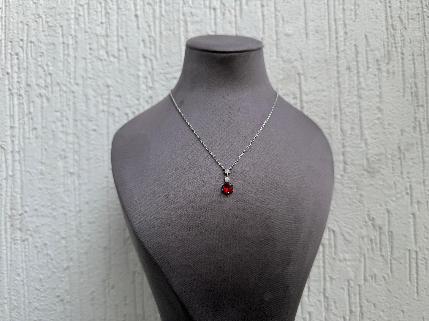 Red Gemstone Pendant Necklace - Elegant Design - Sterling Silver 925 with Zircon Stones Plated Rhodium White Gold 18K