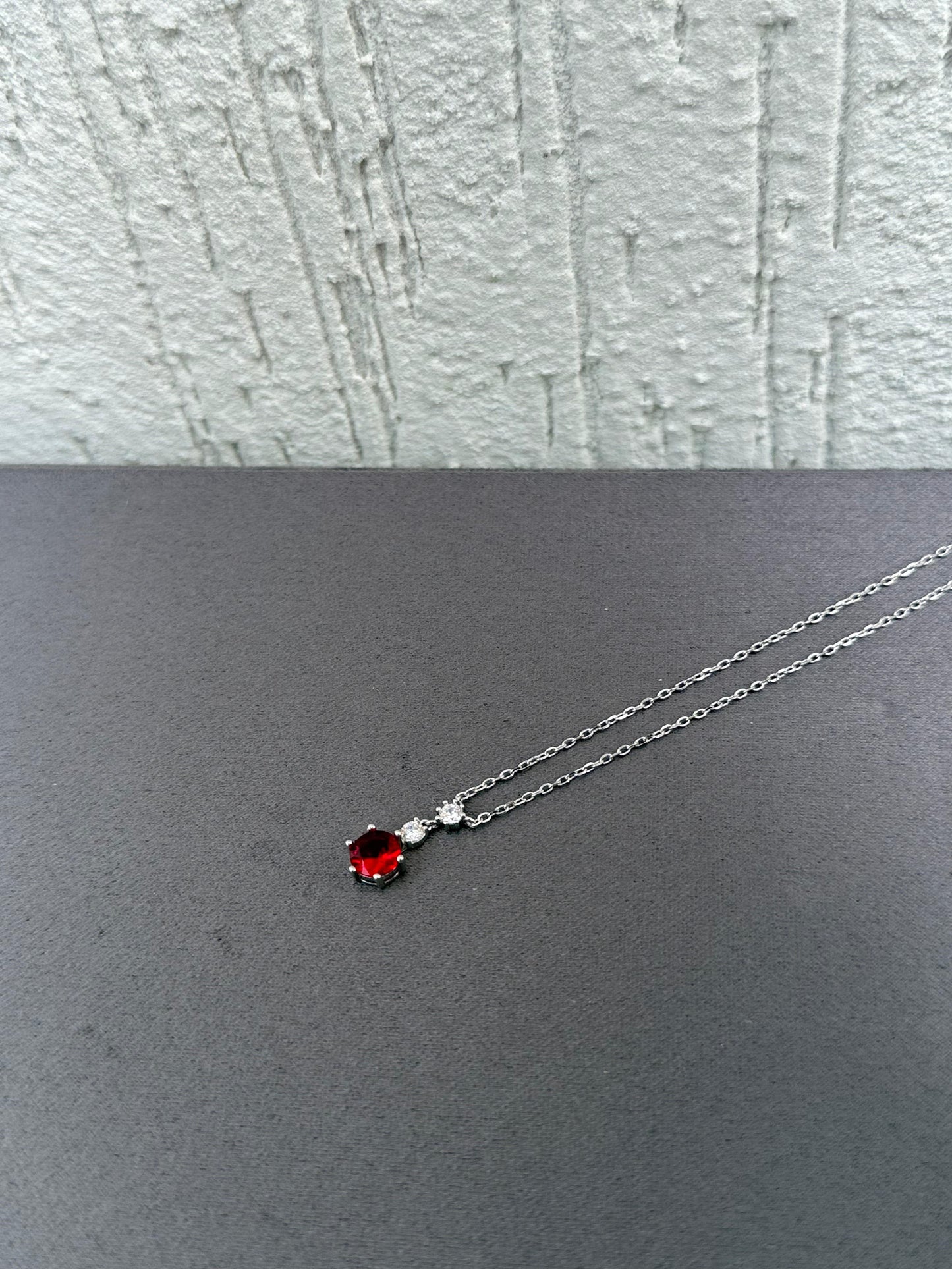 Red Gemstone Pendant Necklace - Elegant Design - Sterling Silver 925 with Zircon Stones Plated Rhodium White Gold 18K