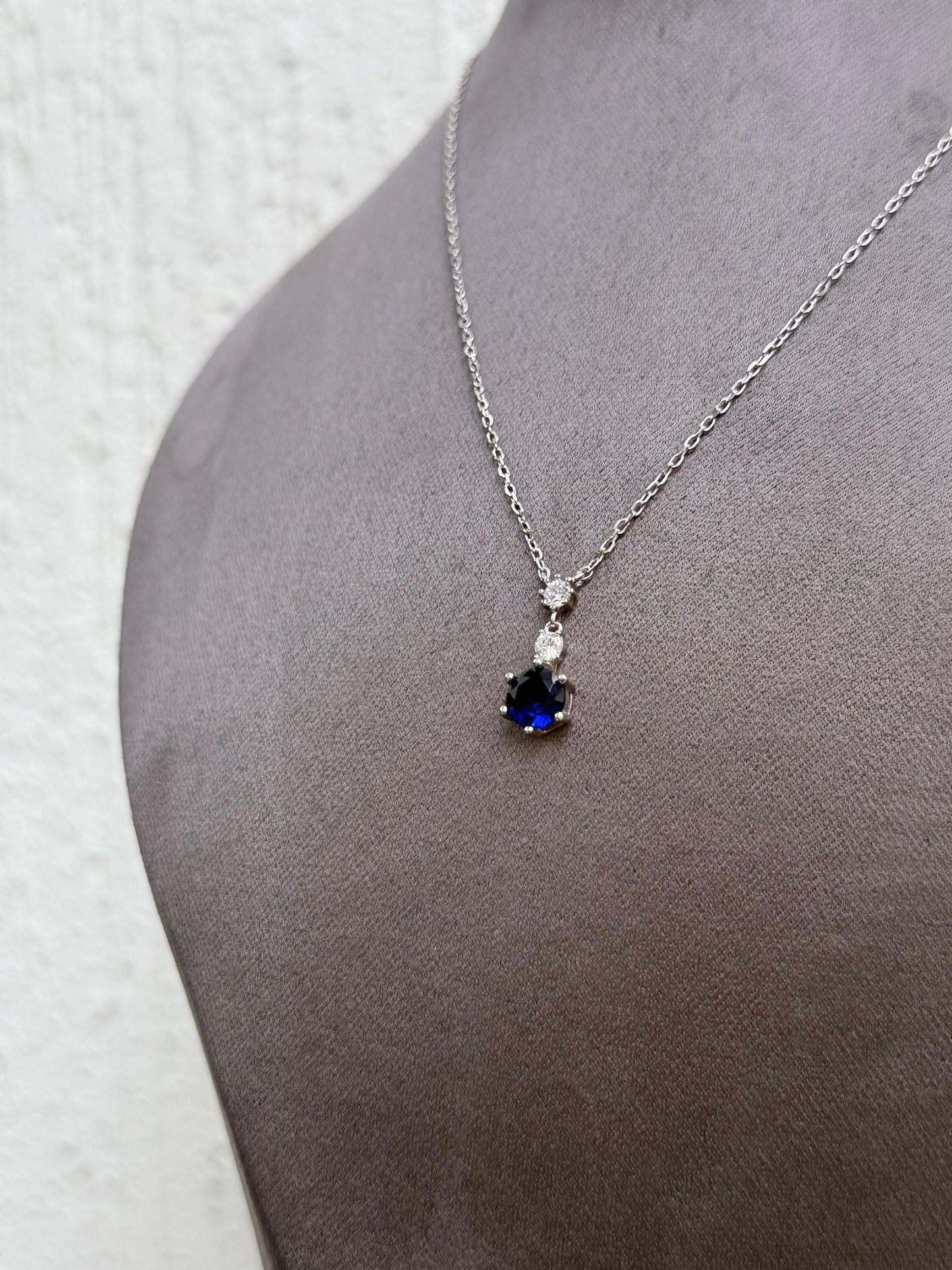 Blue Gemstone Pendant Necklace - Elegant Design - Sterling Silver 925 with Zircon Stones Plated Rhodium White Gold 18K