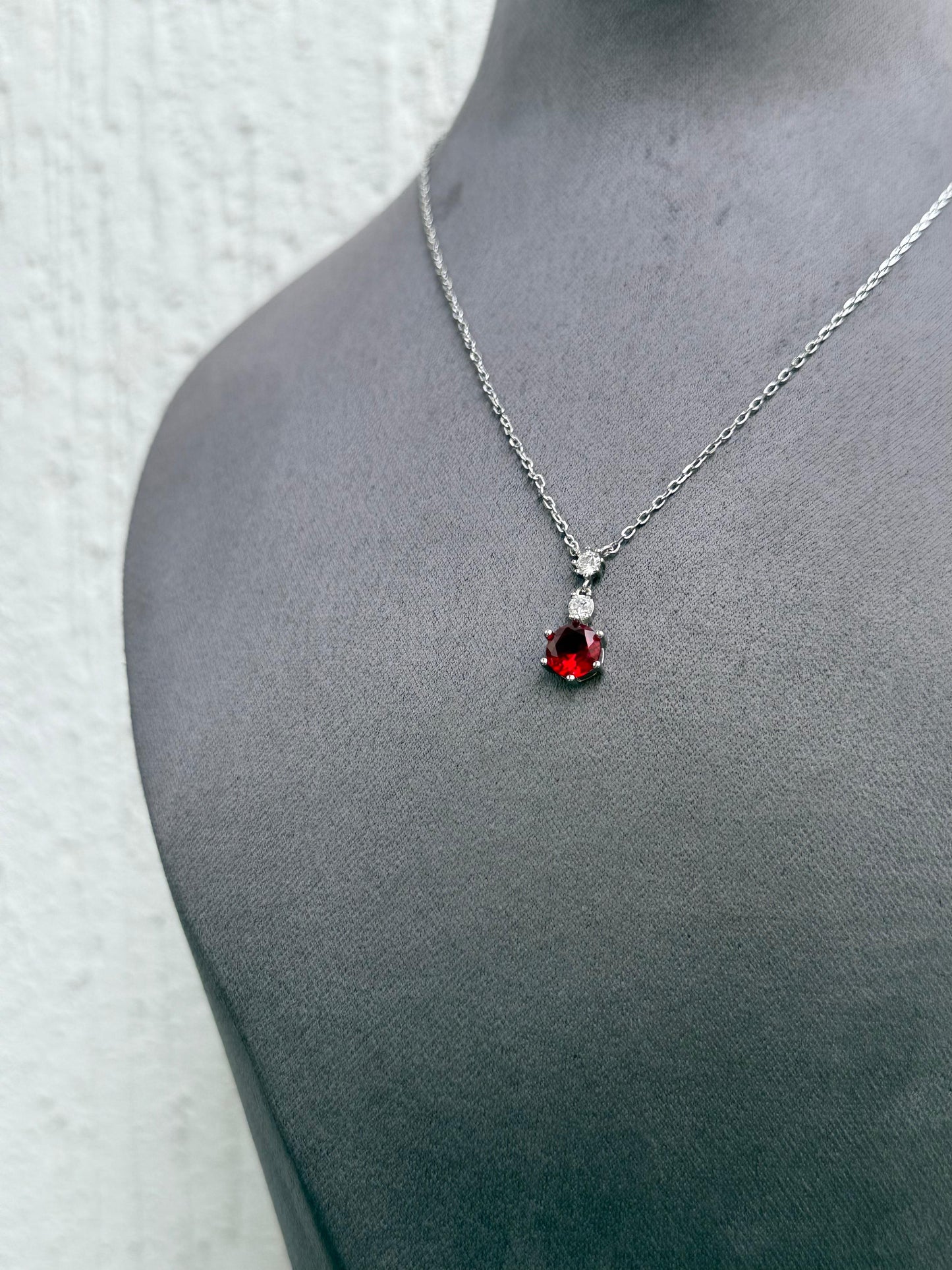 Red Gemstone Pendant Necklace - Elegant Design - Sterling Silver 925 with Zircon Stones Plated Rhodium White Gold 18K