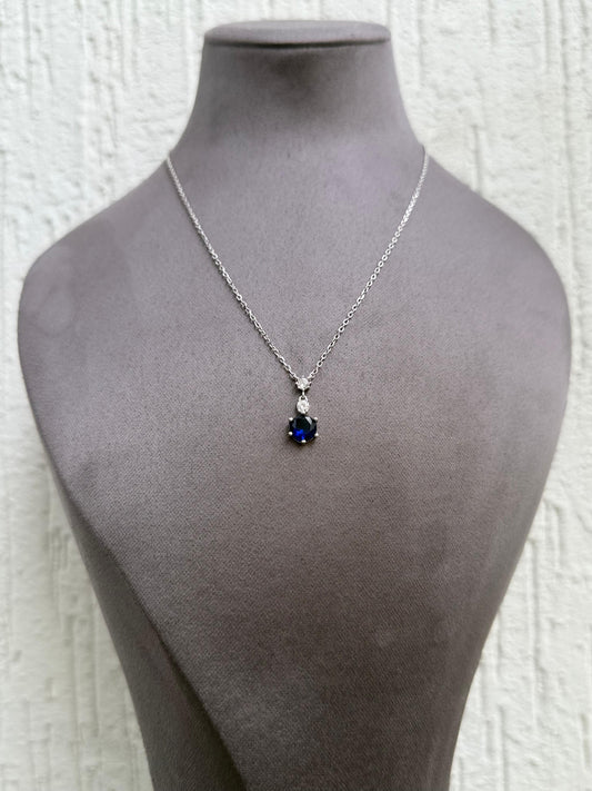 Blue Gemstone Pendant Necklace - Elegant Design - Sterling Silver 925 with Zircon Stones Plated Rhodium White Gold 18K