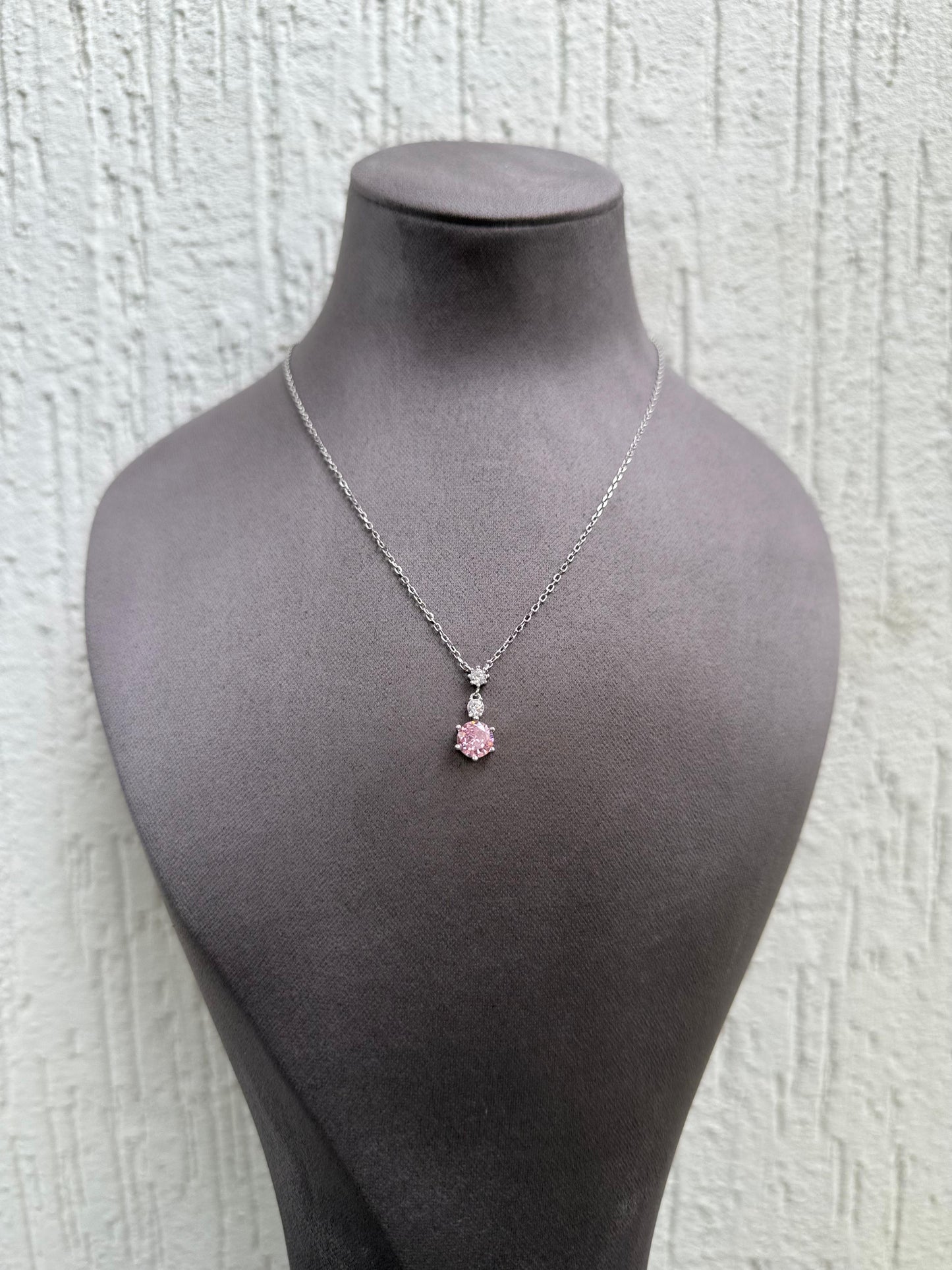 “Pink Stone Pendant Necklace - Sterling Silver 925 with Zircon Stones-Plated Rhodium White Gold 18K”