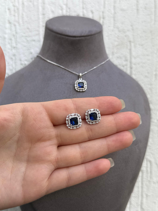 Square Sapphire Blue Necklace and Earring Set - Classic Design - Sterling Silver 925 with Sapphire and Zircon Stones Plated Rhodium White Gold 18K