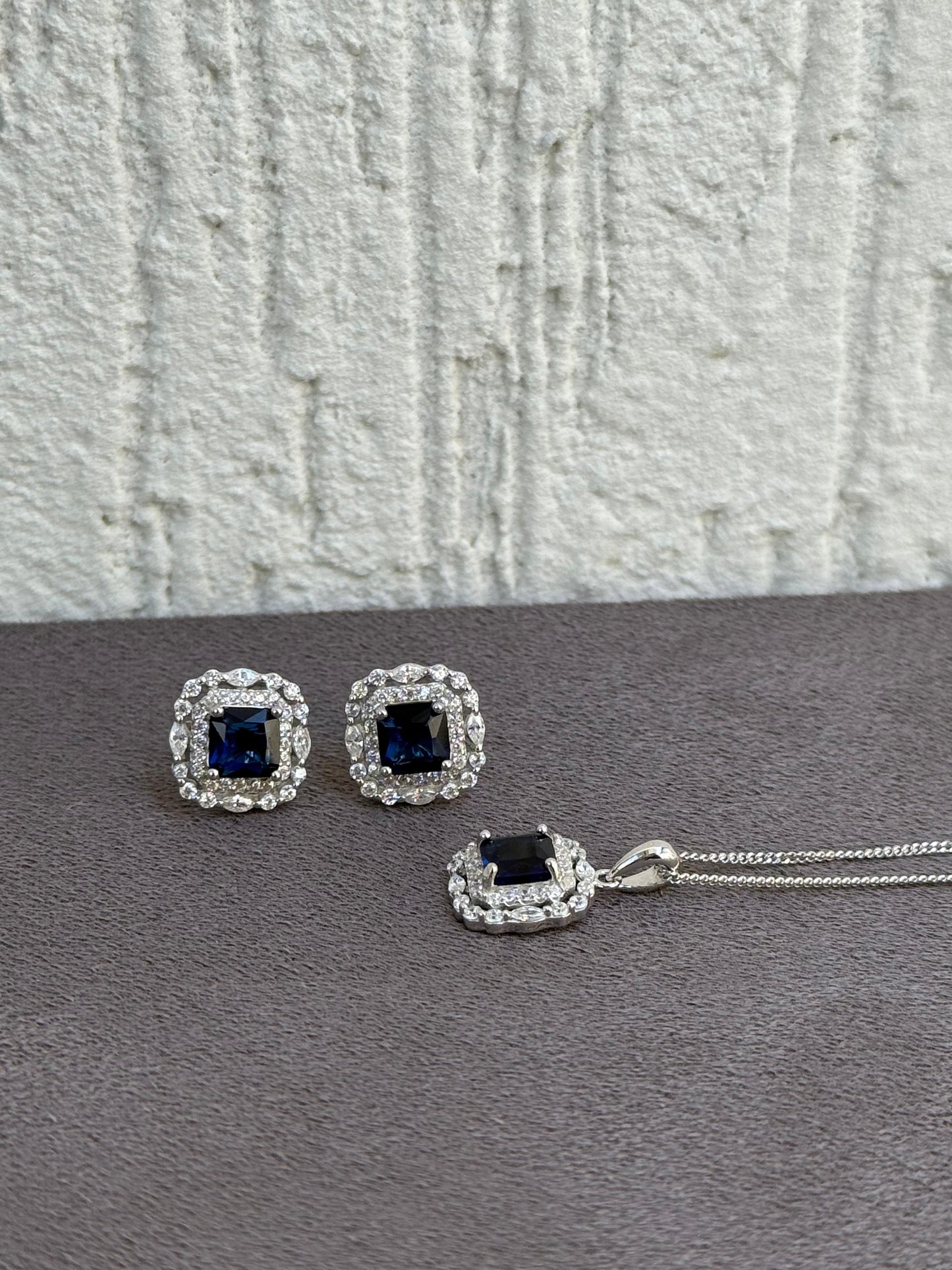 Square Sapphire Blue Necklace and Earring Set - Classic Design - Sterling Silver 925 with Sapphire and Zircon Stones Plated Rhodium White Gold 18K