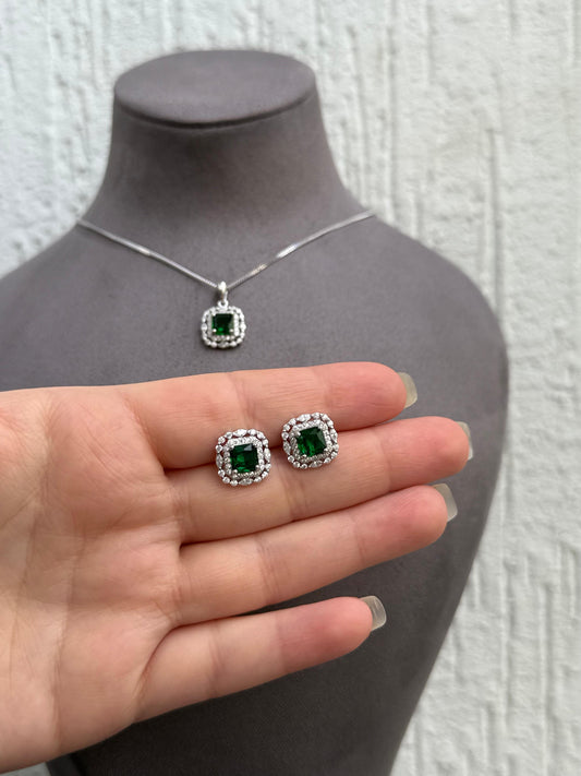 Square Sapphire Green Necklace and Earring Set - Classic Design - Sterling Silver 925 with Sapphire and Zircon Stones Plated Rhodium White Gold 18K