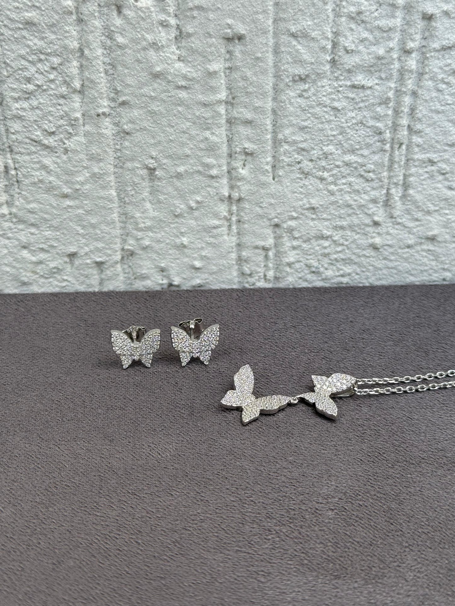 Butterfly Necklace and Earring Set - Elegant Design - Sterling Silver 925 with Zircon Stones Plated Rhodium White Gold 18K