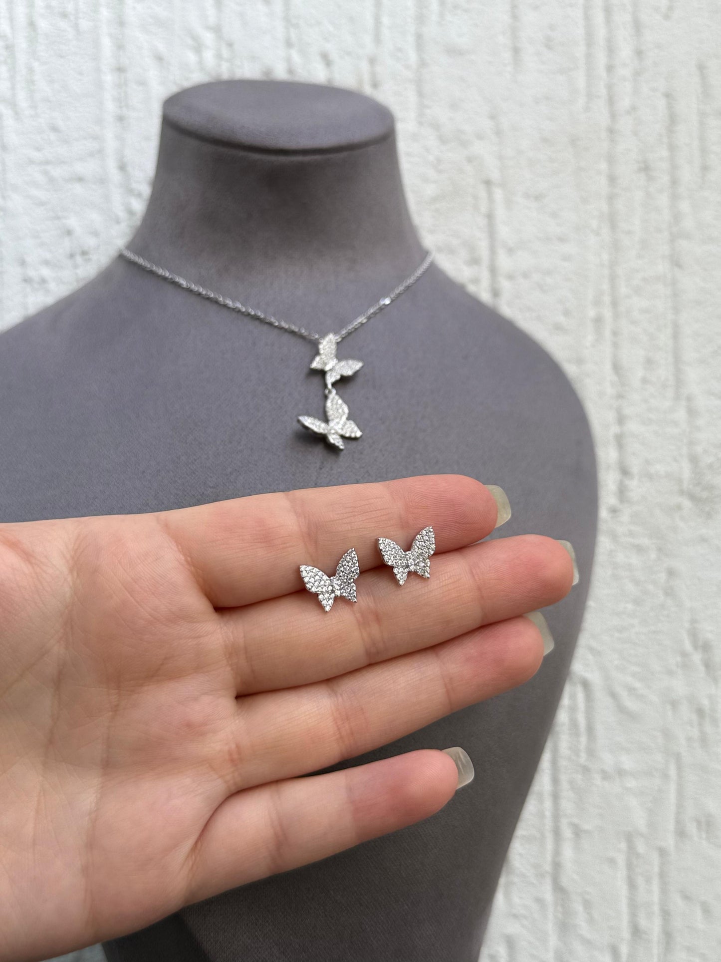 Butterfly Necklace and Earring Set - Elegant Design - Sterling Silver 925 with Zircon Stones Plated Rhodium White Gold 18K